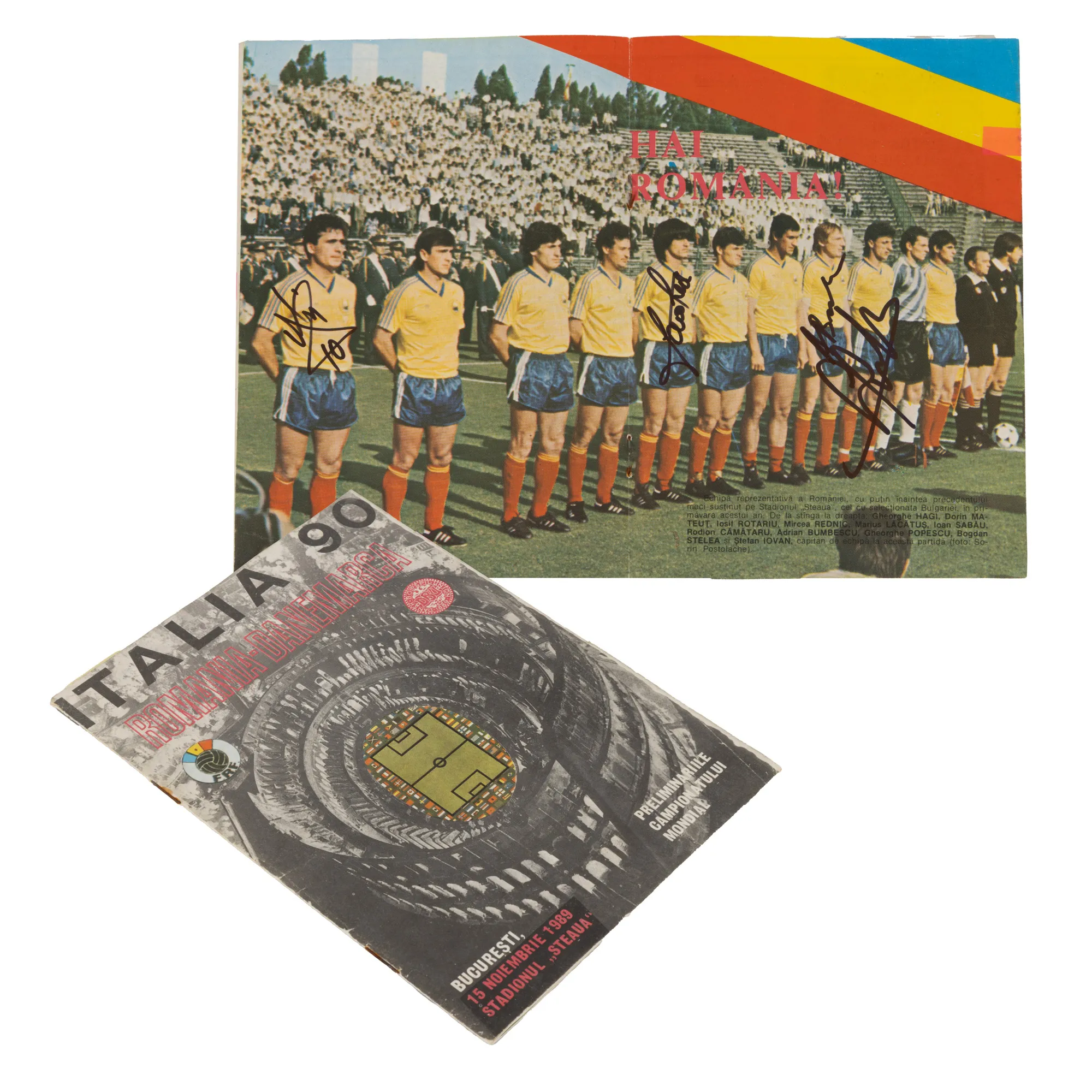 Official program of the 1990 World Championship preliminaries, Romania-Denmark match, held in Bucharest, November 15, 1989, "Steaua" stadium, with handwritten signatures of Gheorghe Hagi, Gheorghe Popescu, Marius Lăcătuș, Adrian Bumbescu and Ștefan Iovan.