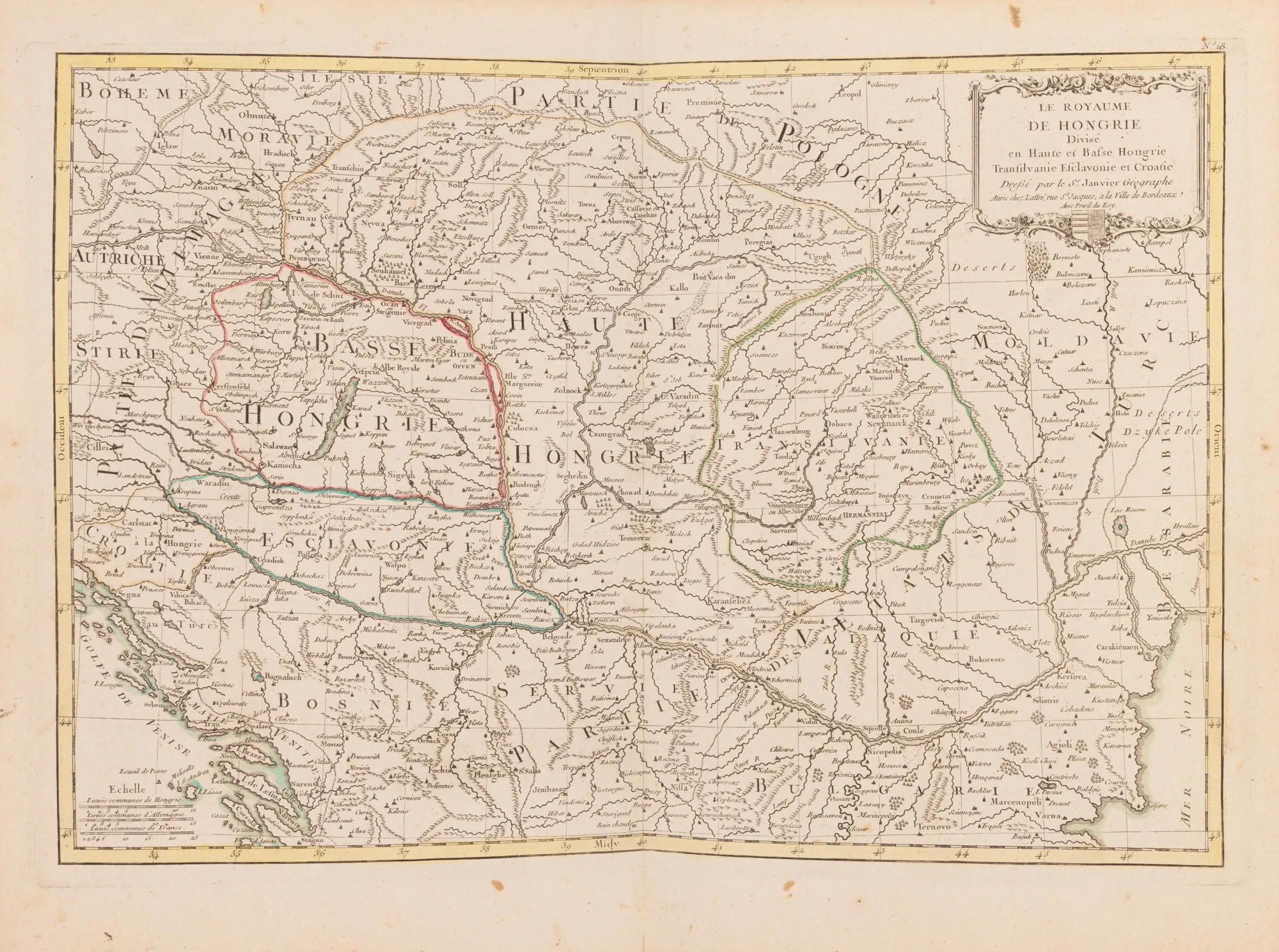 Hartă ”Regatul Ungariei împărțit în Ungaria Superioară și Inferioară, Transilvania, Sclavonia și Croația”, de Jean Denis Janvier, publicată de Jean Lattré, 1783, Paris