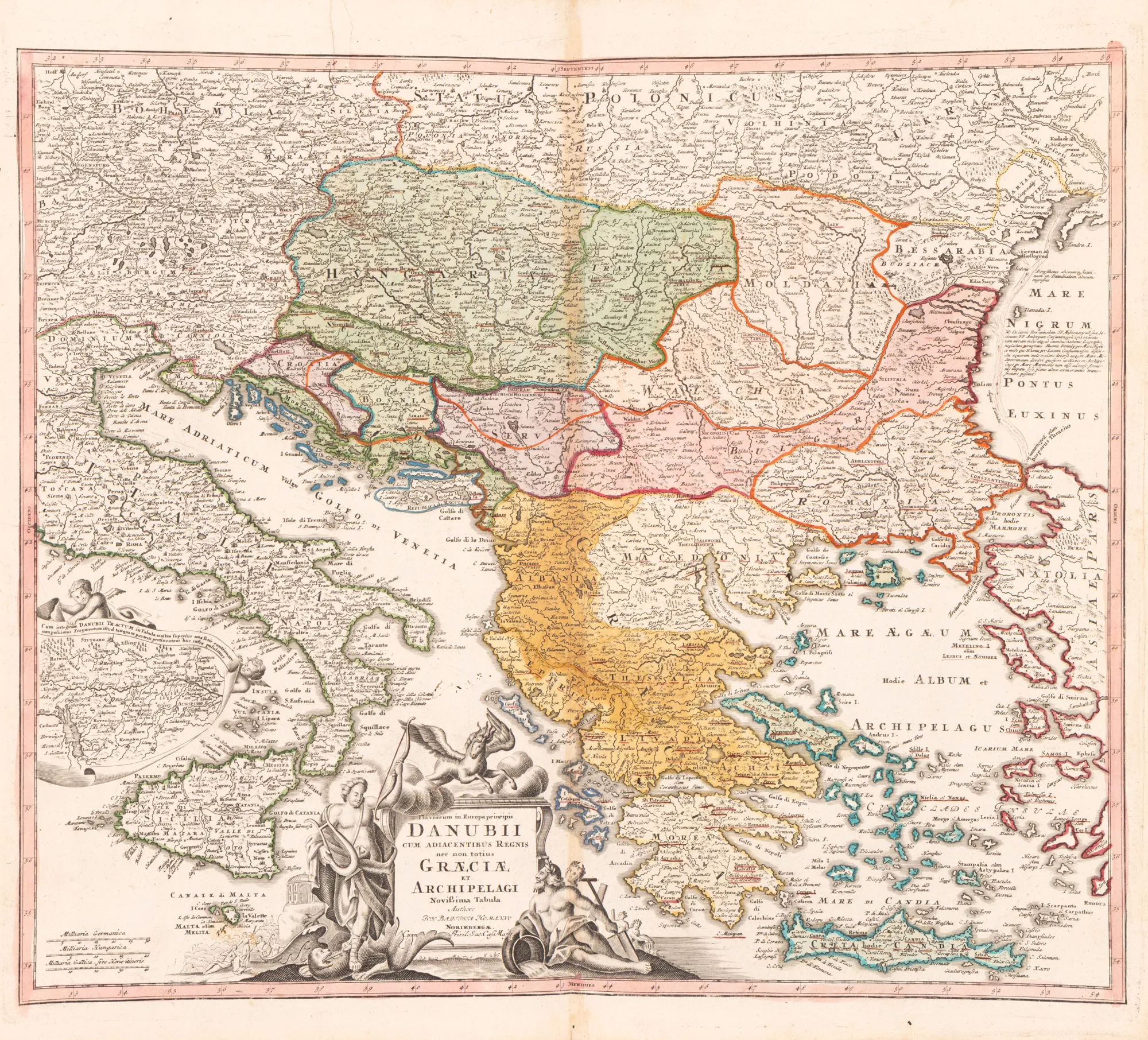 Hartă ”Cursul Dunării și regiunile învecinate”, de Nicolaus Visscher fiul, Amsterdam, cca. 1702