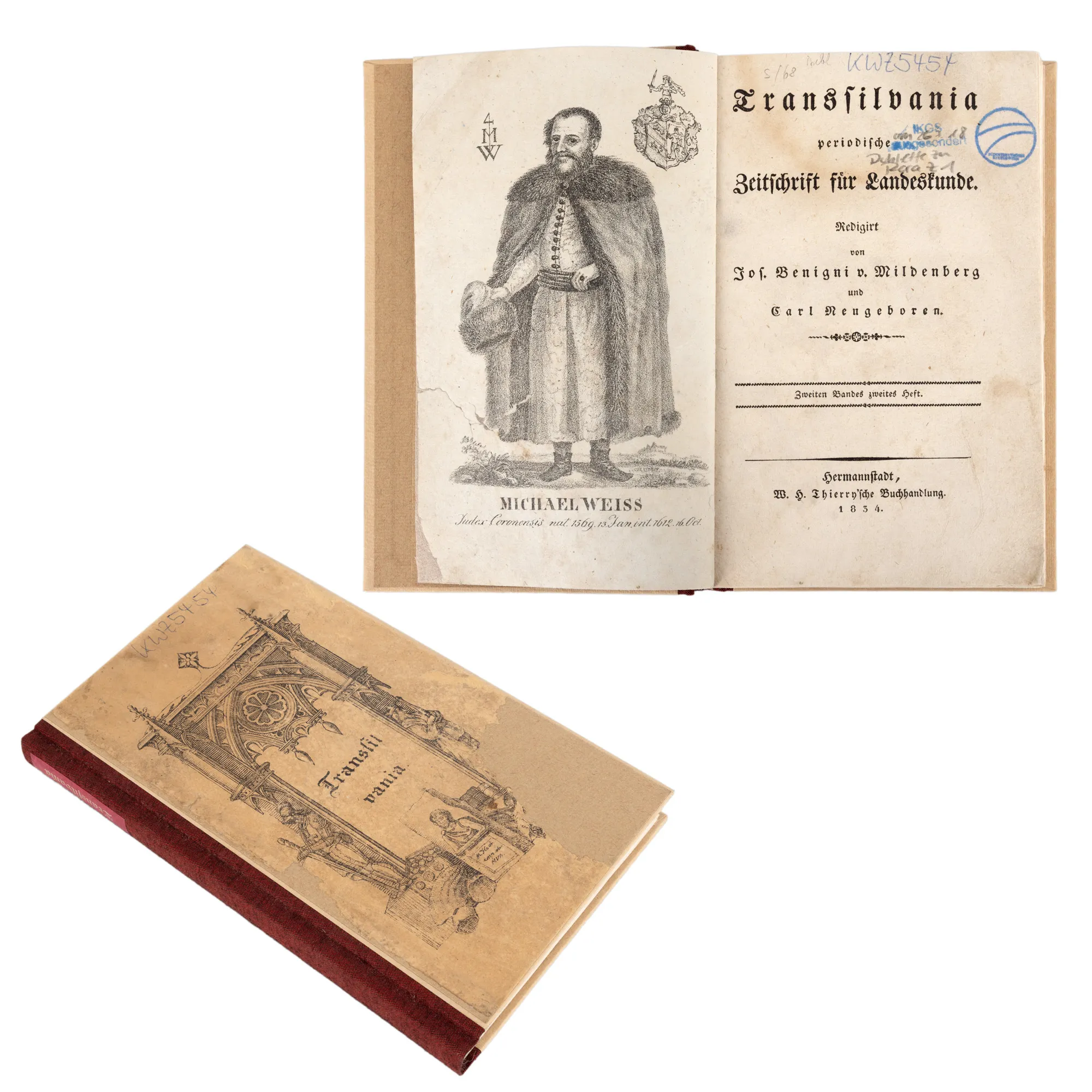 ”Transilvania-Publicație periodică pentru cunoașterea țării”, editată de Joseph Benigni von Mildenberg și Carl Neugeboren, volumul al doilea, germană, Sibiu, 1834, cu ex-libris și 11 gravuri