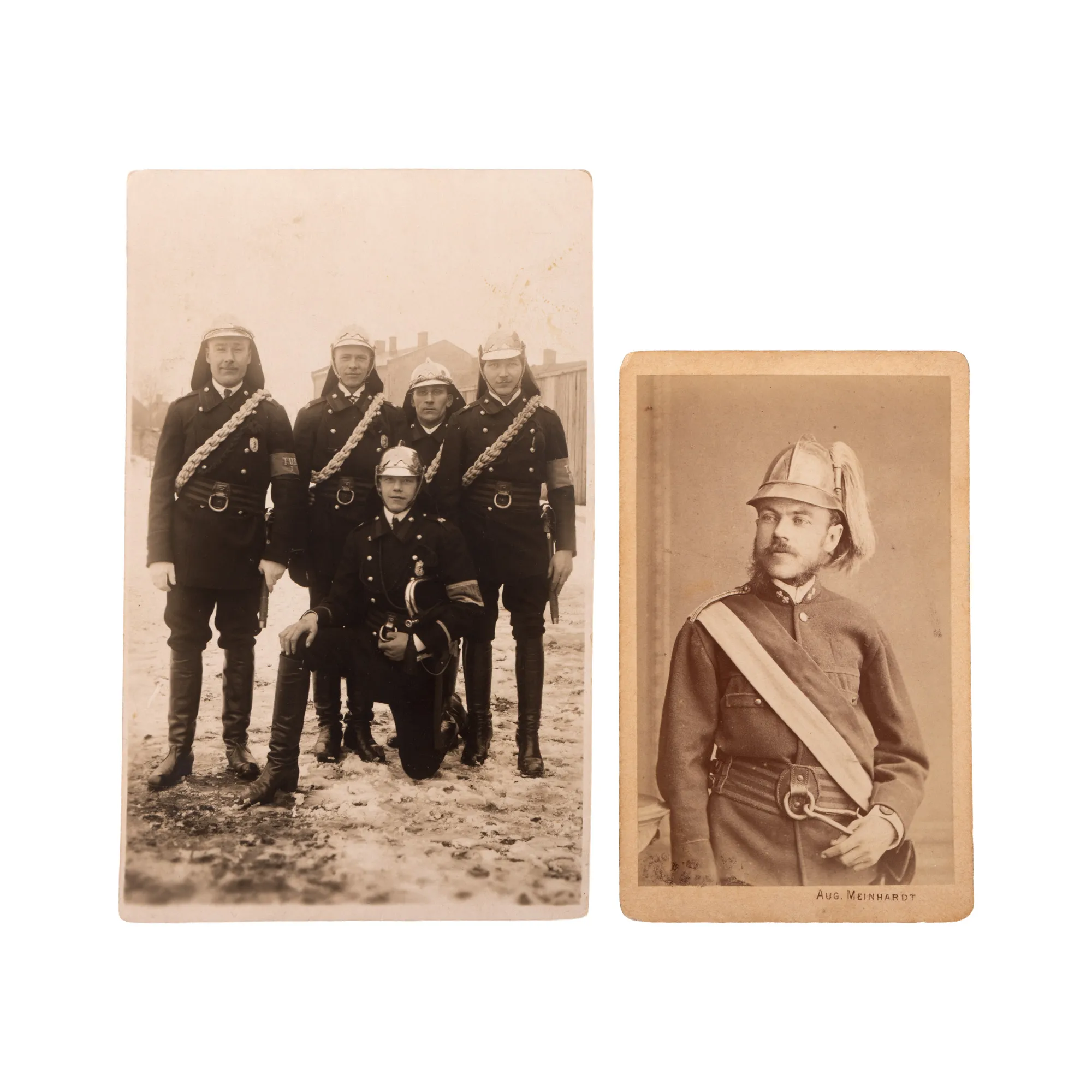 Lot format din două fotografii ilustrând pompieri din Imperiul Austro-Ungar și din Austria, sfârșitul sec. XIX-perioada interbelică, atelier August Meinhardt