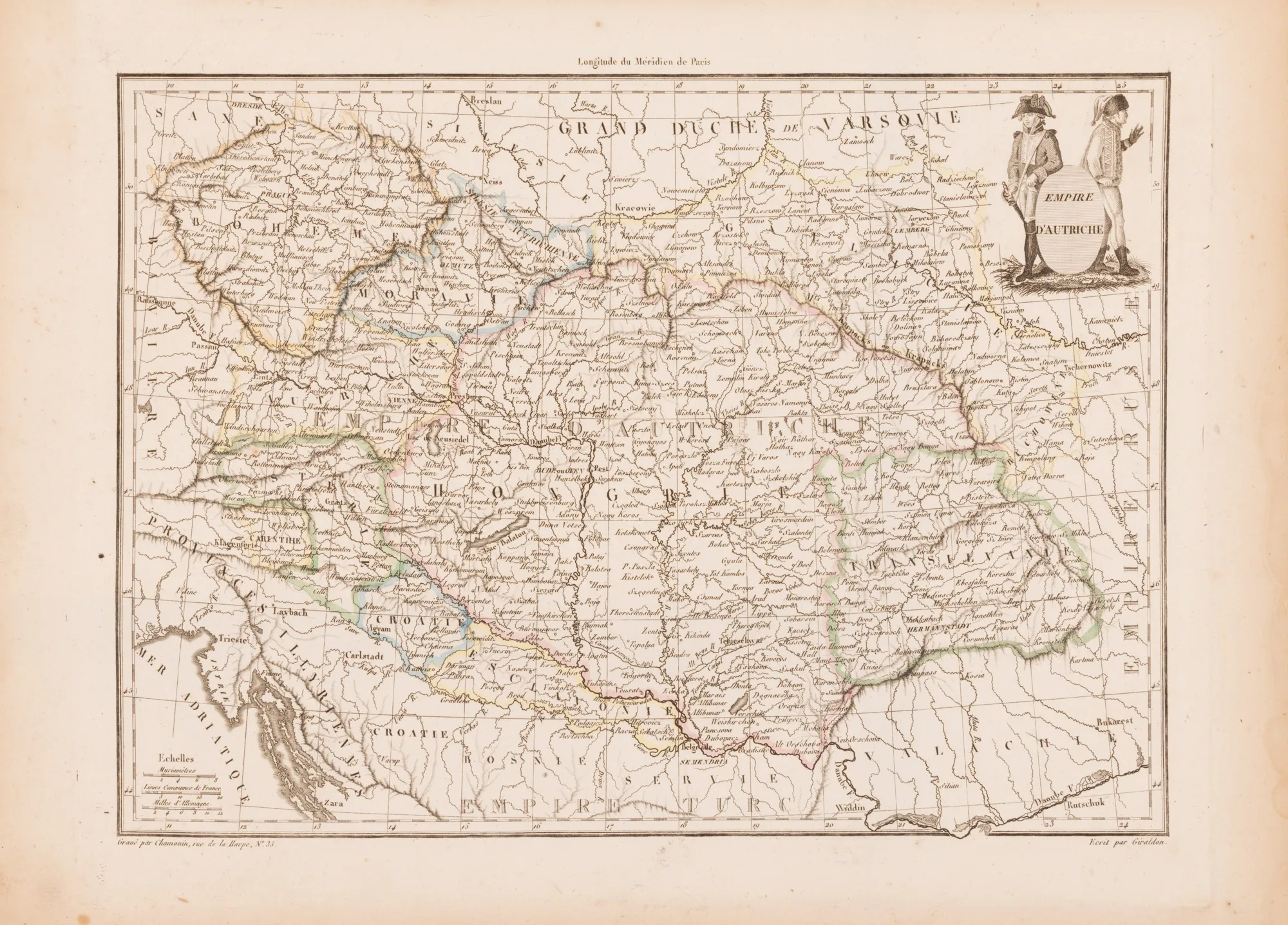 Hartă ”Imperiul Austriei”, gravată de Jean-Baptiste-Marie ChamouÏn, Paris, 1809