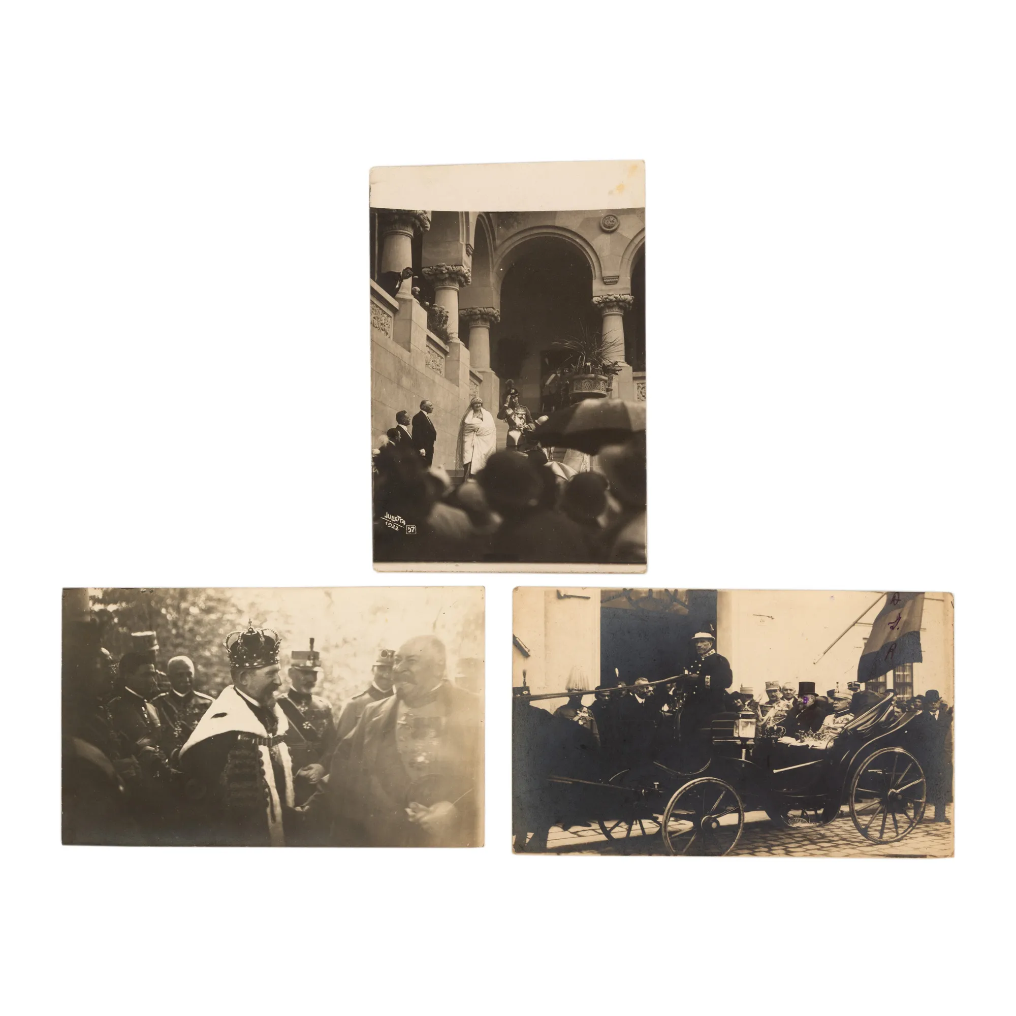 Lot consisting of three photos illustrating the Coronation Celebration at Alba Iulia, Julietta Photography Studio, Bucharest, 1922