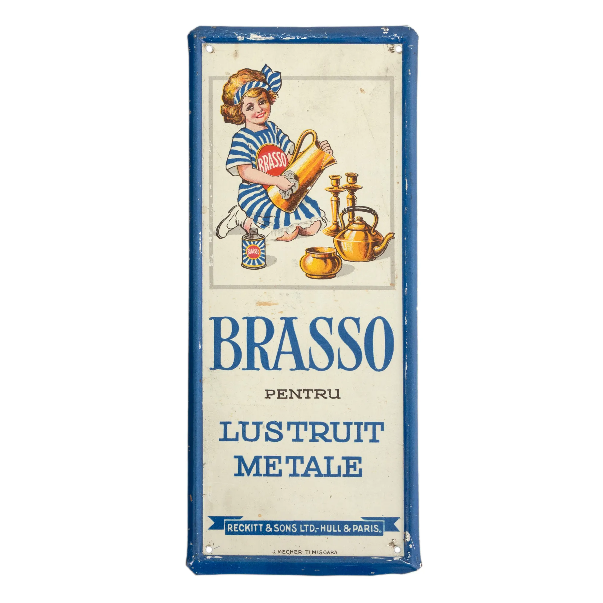 Plachetă publicitară destinată promovării soluției engleze pentru lustruit metale ”Brasso”, atelier J. Mecher, Timișoara, perioada interbelică
