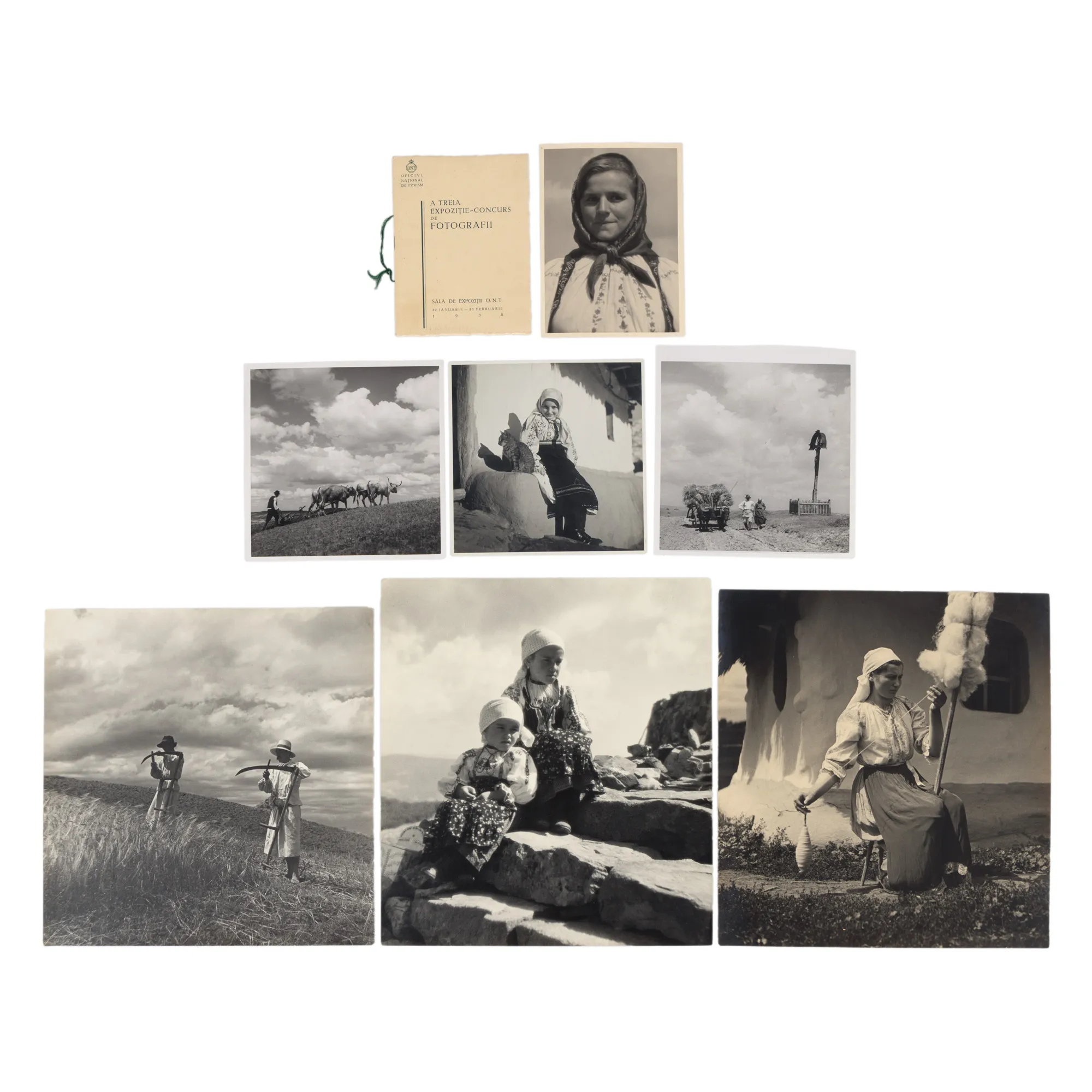 Lot consisting of the Catalog of the third photo competition exhibition, organized by the National Tourism Office, 1938, and seven photos illustrating Transylvanian peasants from Cojocan, Cluj, 1937, photographed by Captain Ioan Șuțu