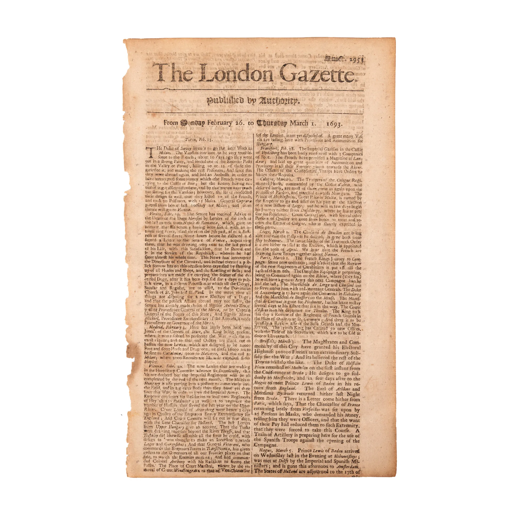 "The London Gazette", English, no. 2953, February 26-March 1, 1693, with information about the intention of the Transylvanian prince Imre Tekely to attack Lugoj and Caransebeș together with the Ottomans.