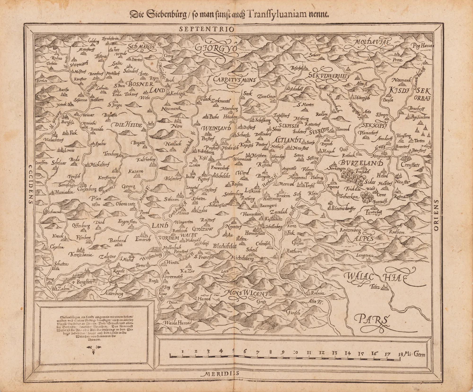 Hartă ”Transilvania”, de Sebastian Münster, Basel, începutul sec. XVIII