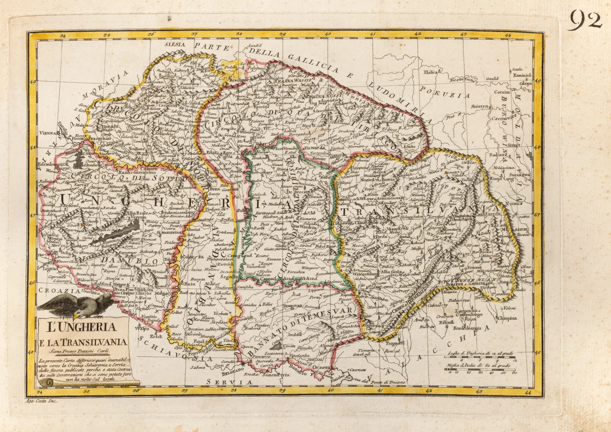 Hartă "Ungaria și Transilvania", de Pazzini Carli, Siena, 1789
