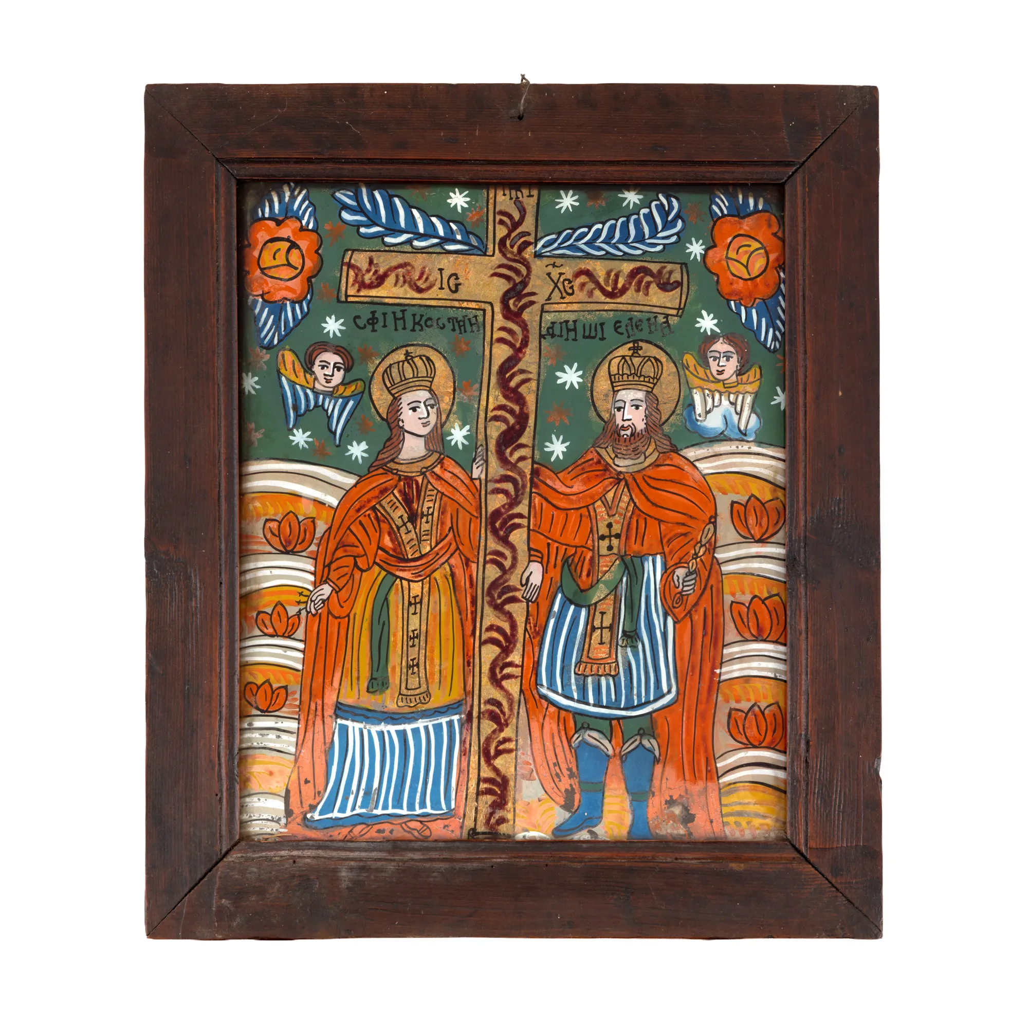 Icoană pe glajă, ”Sfinții Împărați Constantin și Elena”, atelier din Șcheii Brașovului, a doua jumătate a sec. XIX
