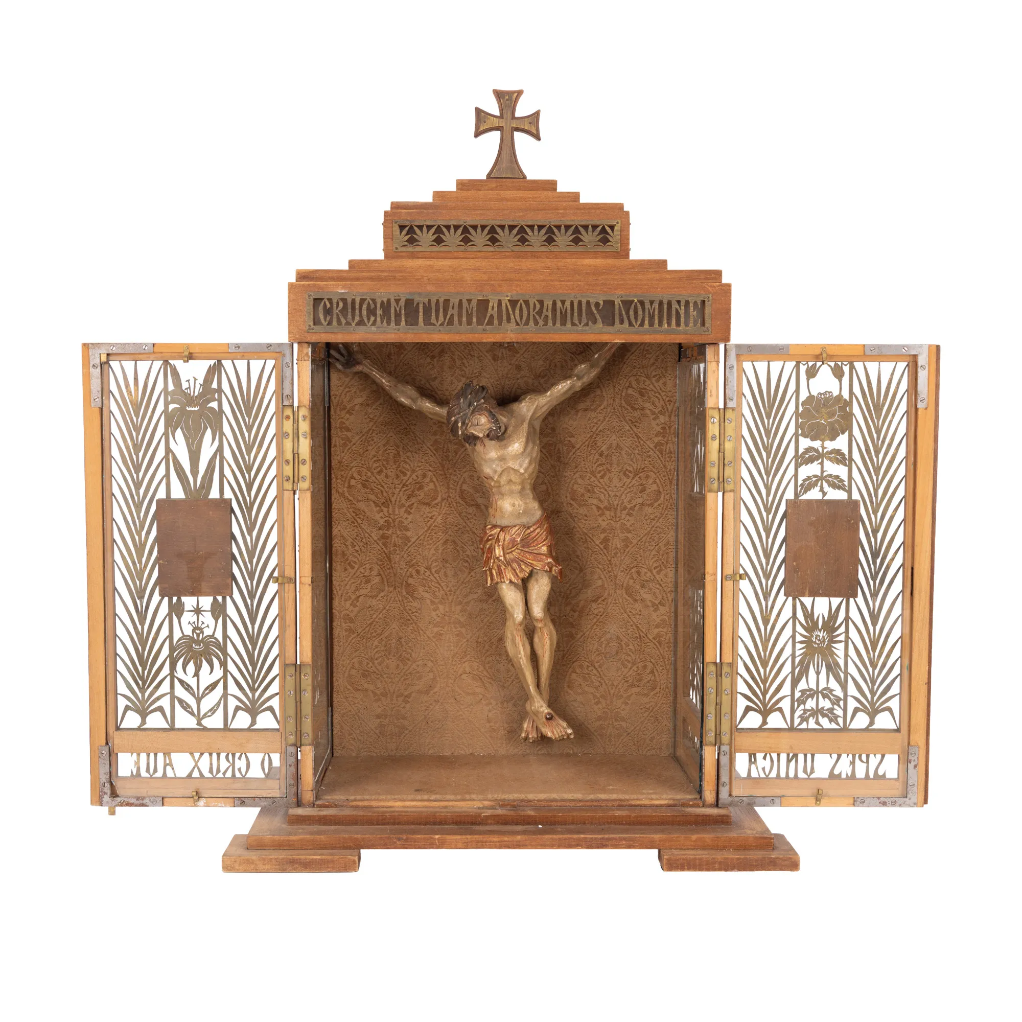 Tabernacol Art Deco, decorat cu statuetă din lemn, ”Corpus Christi”, atelier transilvănean, sec. XVII-XVIII, piesă rară, de colecție