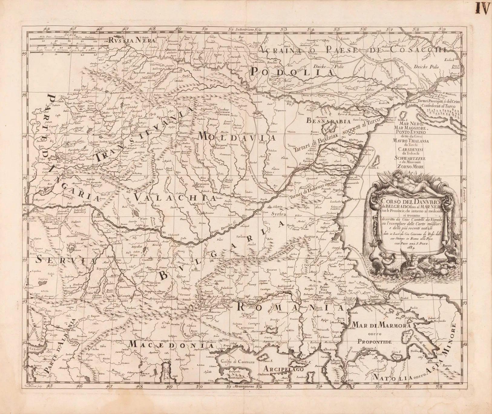 Hartă ”Cursul Dunării de la Belgrad la Marea Neagră”, de Cantelli da Vignola, Roma, 1684