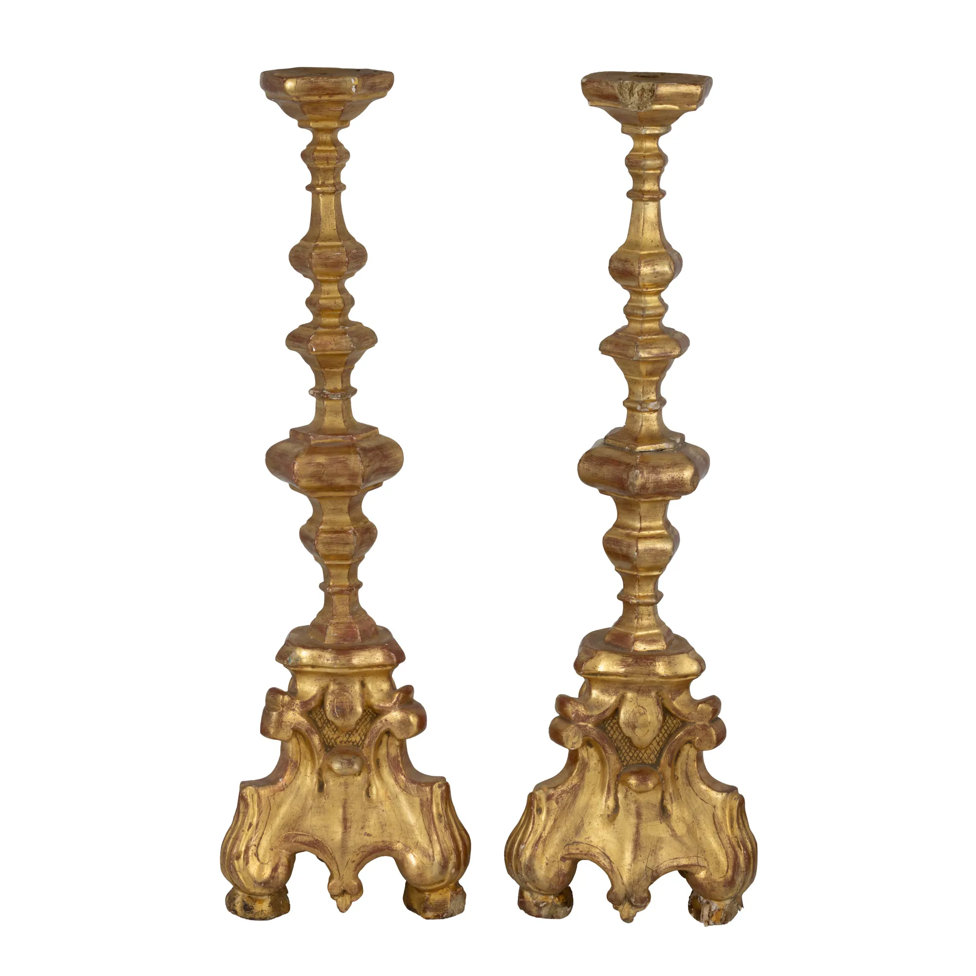 Pair of Neobaroque church altar candlesticks, probably from a Transylvanian workshop, 19th century