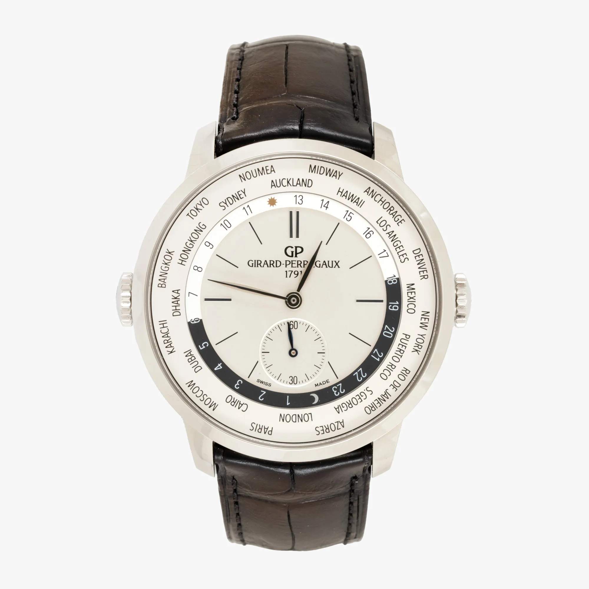 Girard Perregaux 1966 World Time, Men's Hand Watch, accompanied by the original box, warranty card, and user manual