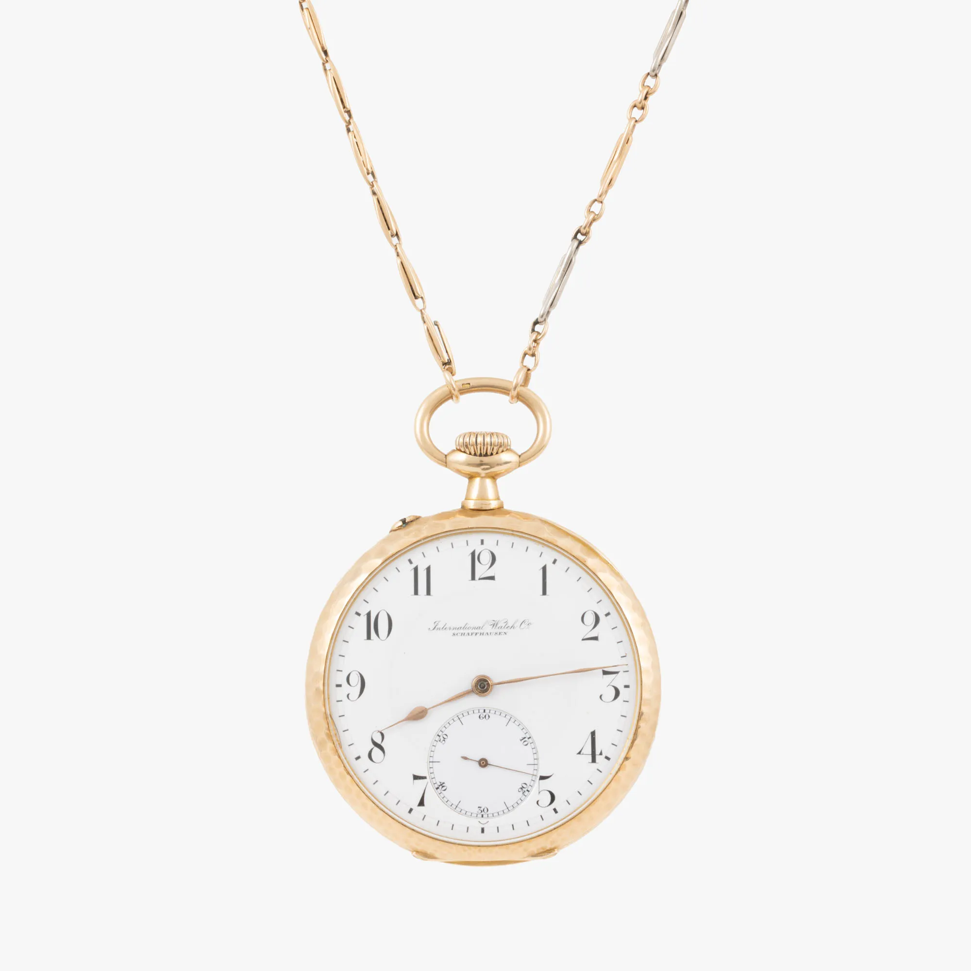 Ceas IWC din aur, de buzunar, însoțit de lanț din aur și platină