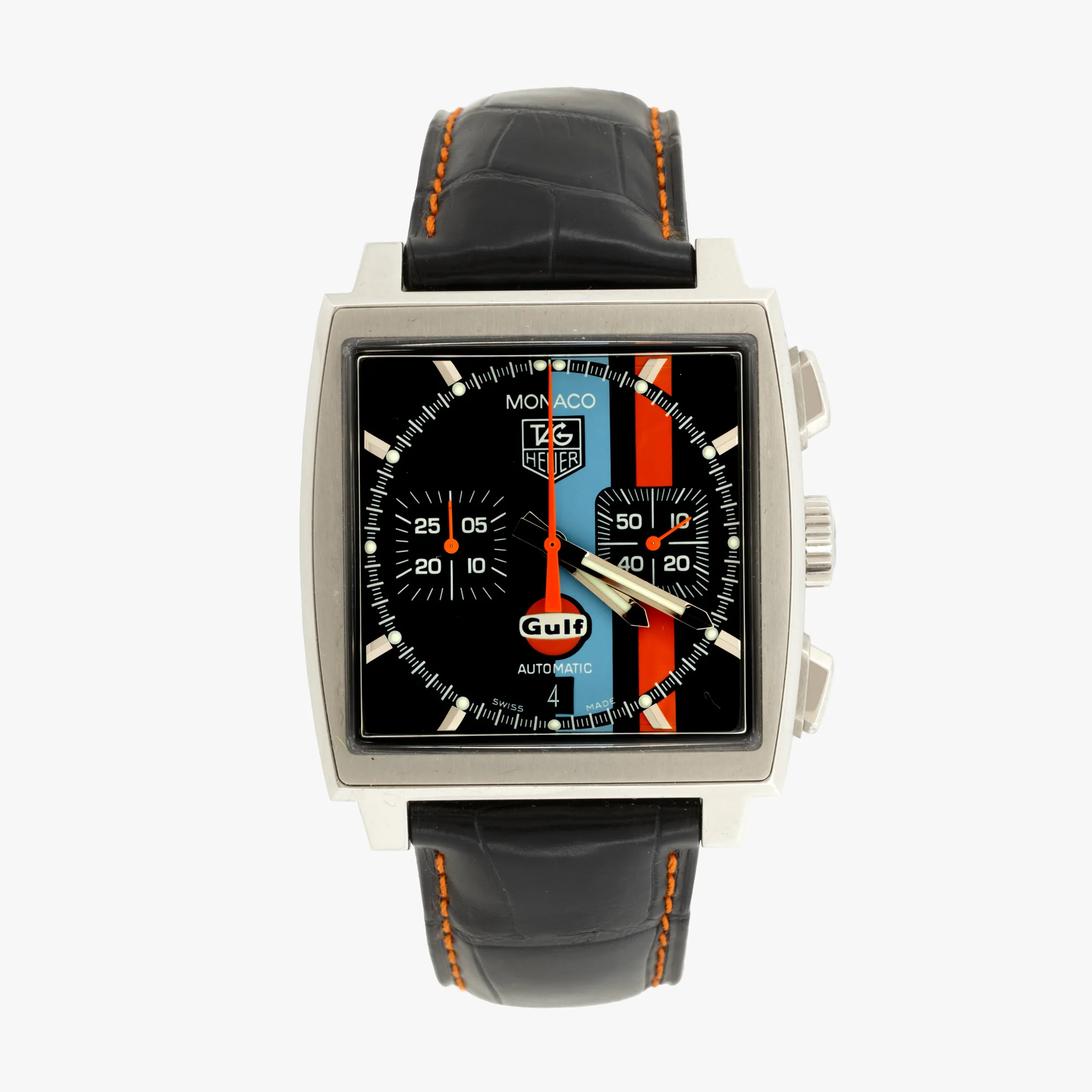 Ceas Tag Heuer Monaco Chronograph, ediție specială Gulf No. 179, de mână, bărbătesc, însoțit de cutia originală, card de garanție și manual de instrucțiuni