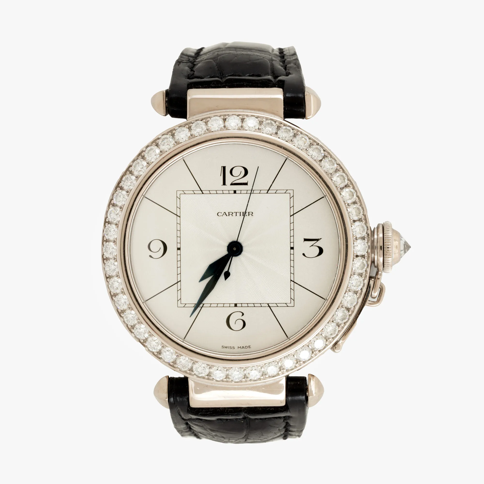 Ceas Cartier Pasha, de mână, bărbătesc, decorat cu diamante, însoțit de cutia originală și certificat gemologic suplimentar