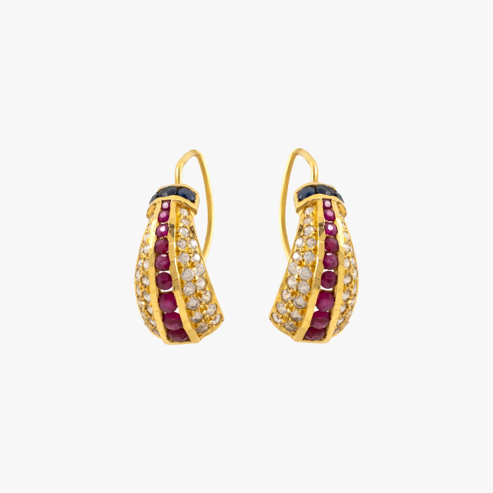 Pair of gold earrings, decorated with rubies and sapphires