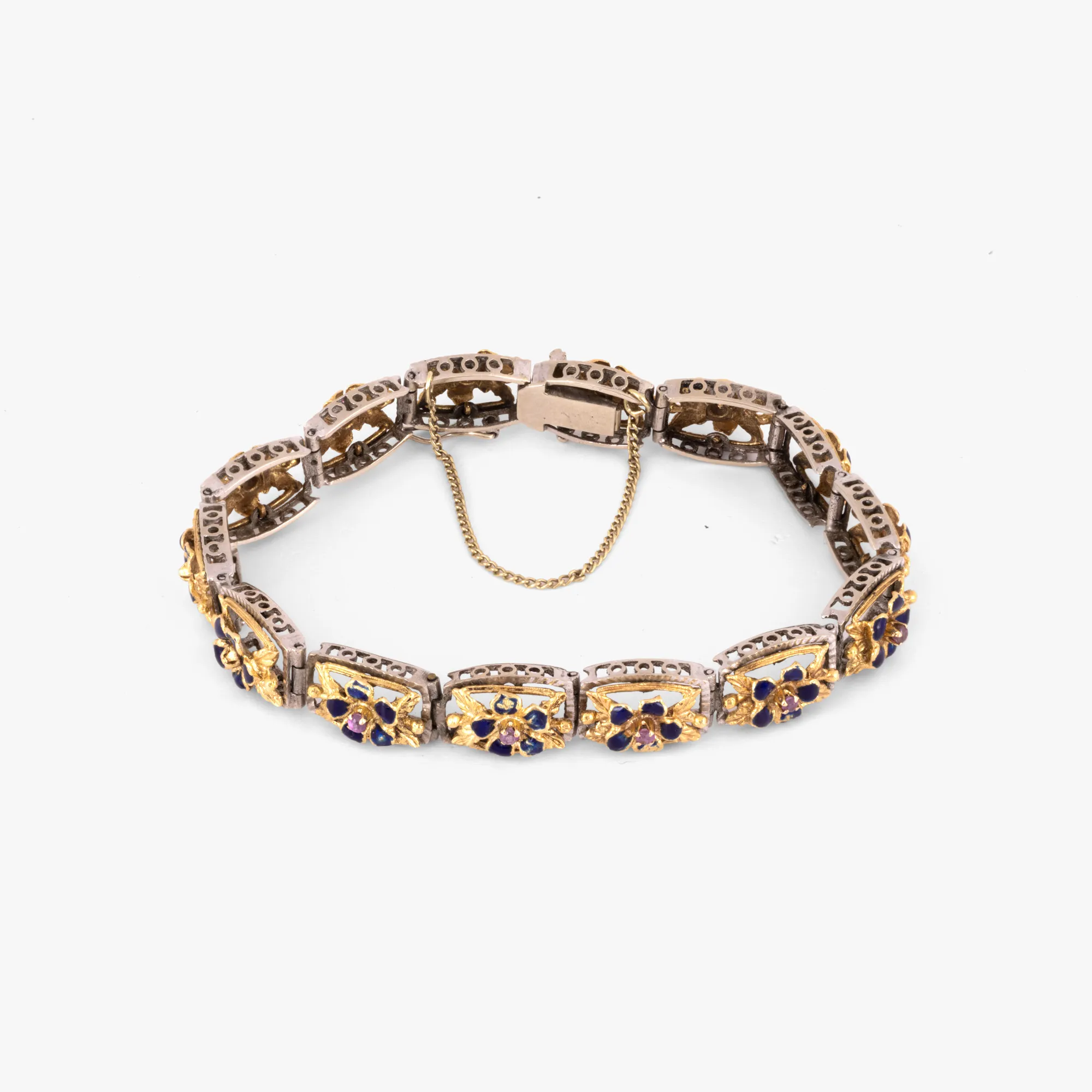 Bicolor gold bracelet, decorated with pink sapphires and enamel