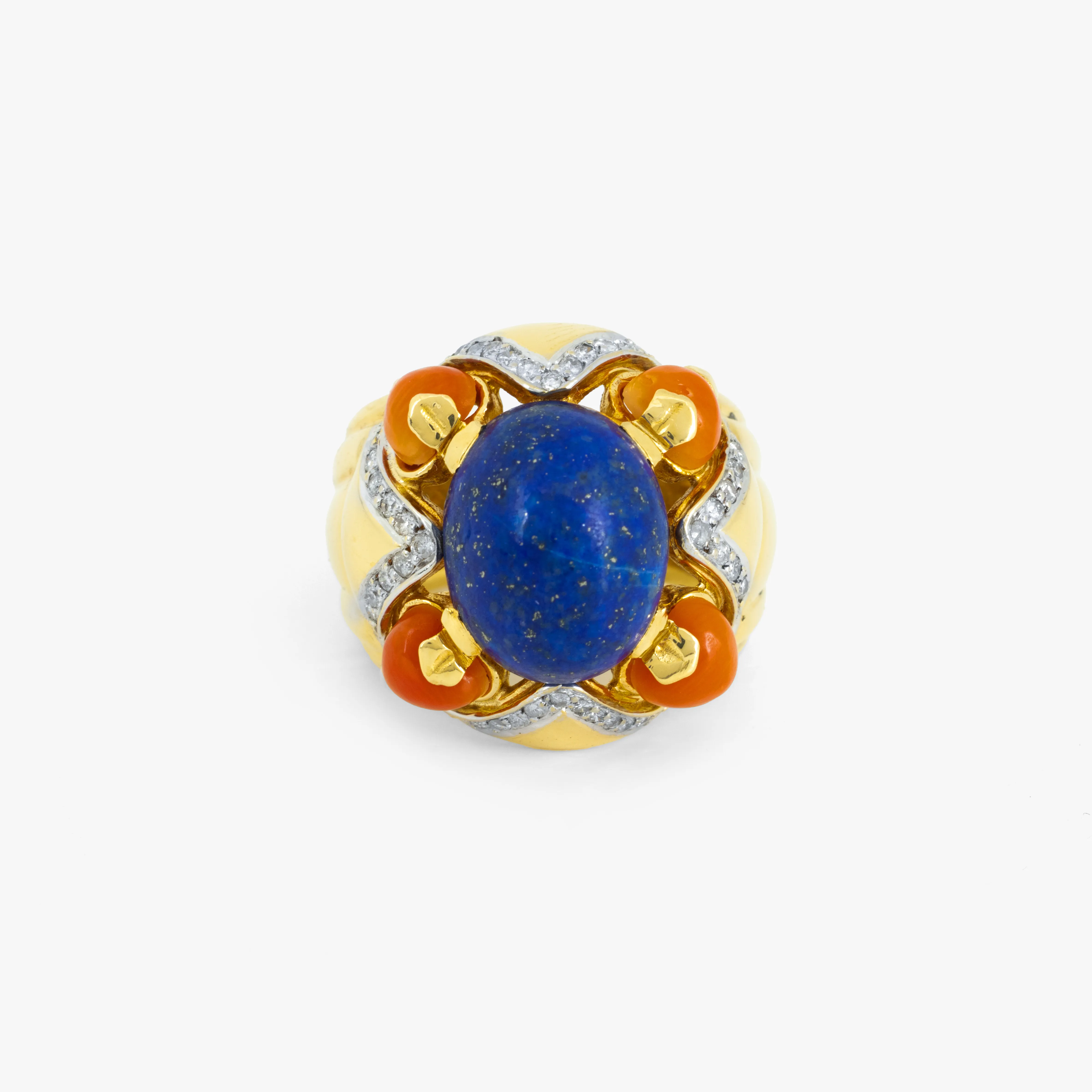Gold ring, covered with lapis lazuli, coral and diamonds, accompanied by additional gemological certificate