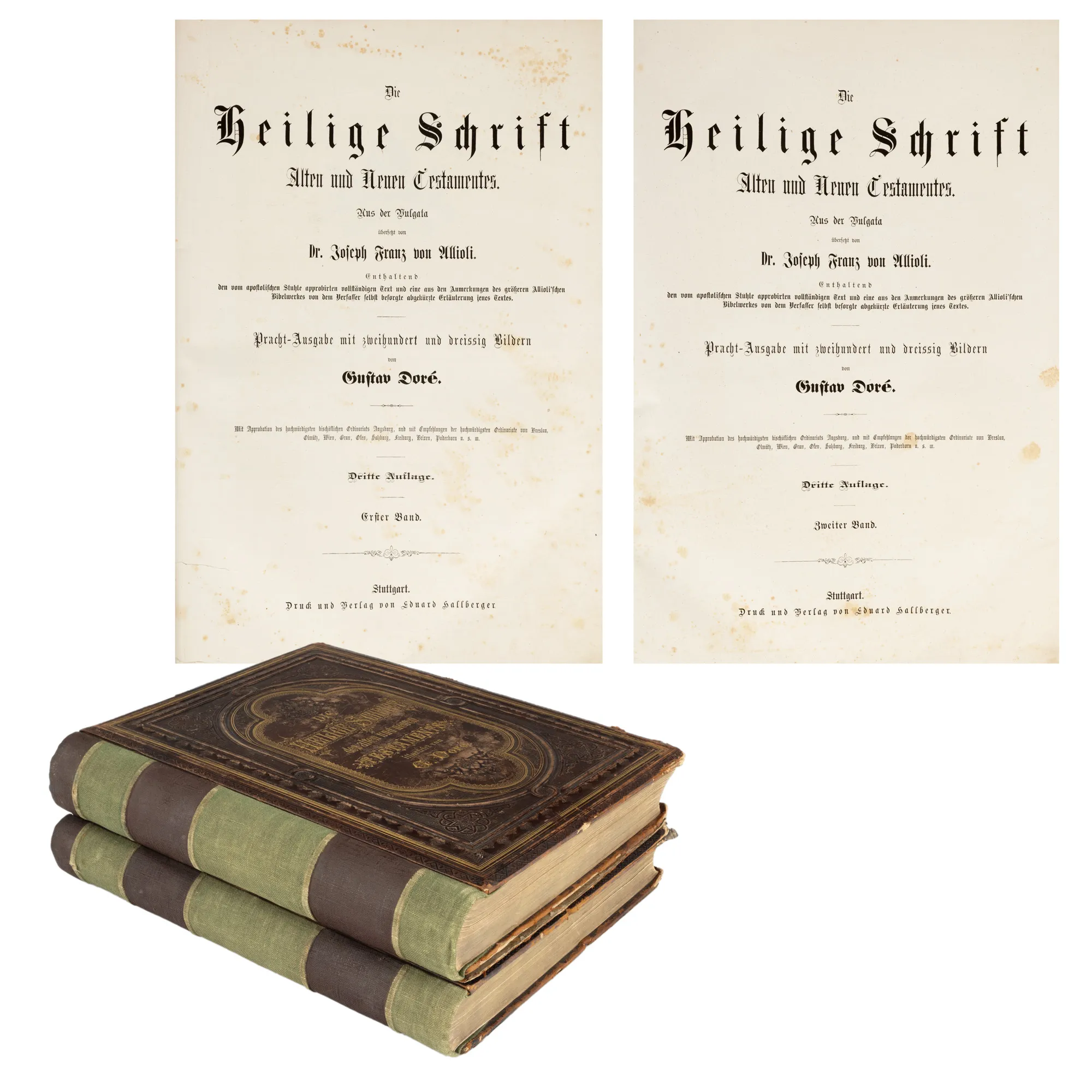 "Sfânta Scriptură, Noul și Vechiul Testament”, de Martin Luther, două volume, germană, cu 247 de litografii de Gustave Doré, Stuttgart, cca. 1900