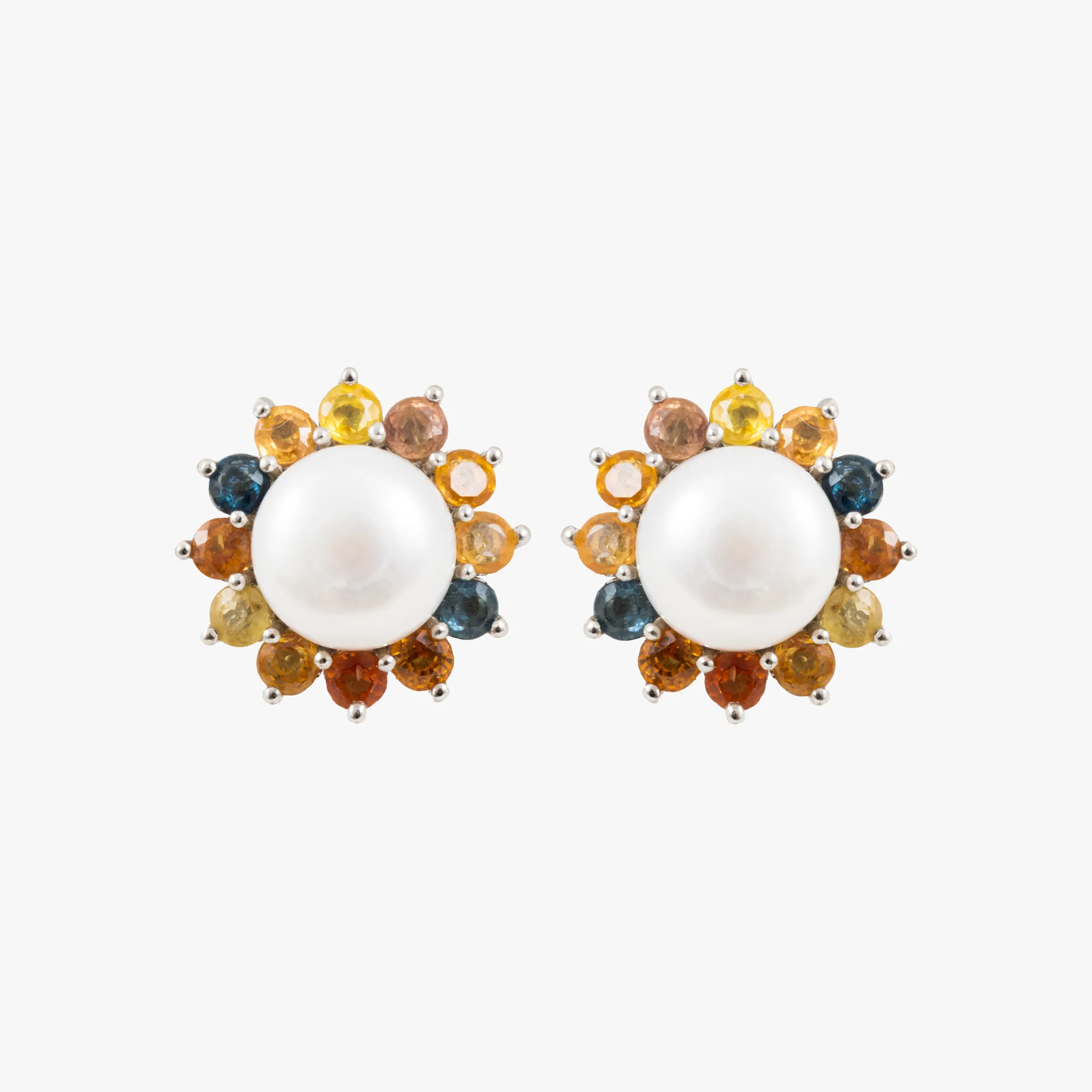 Pair of gold-plated silver earrings decorated with pearls and sapphires