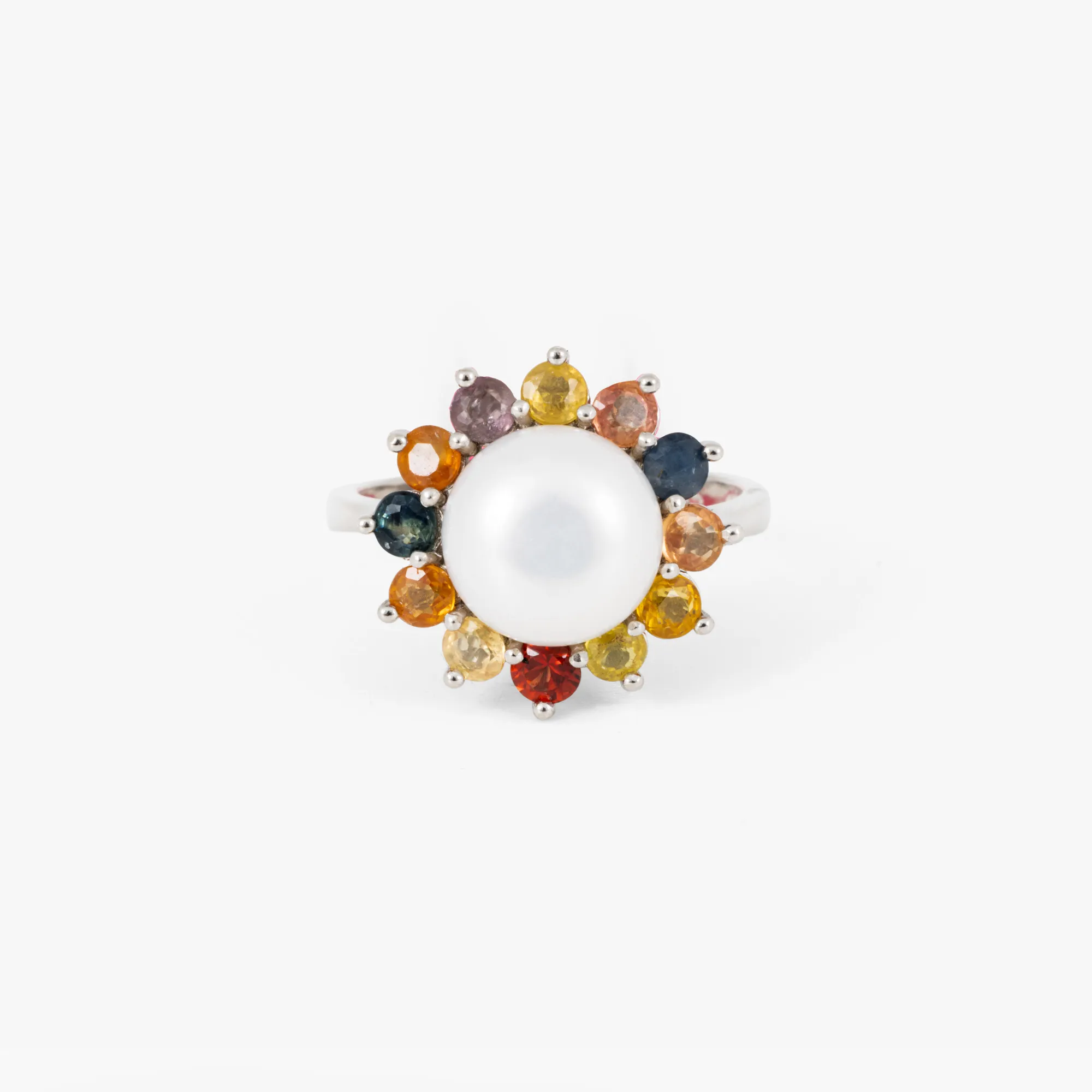 Gold-plated silver ring, decorated with pearl and multicolored sapphires