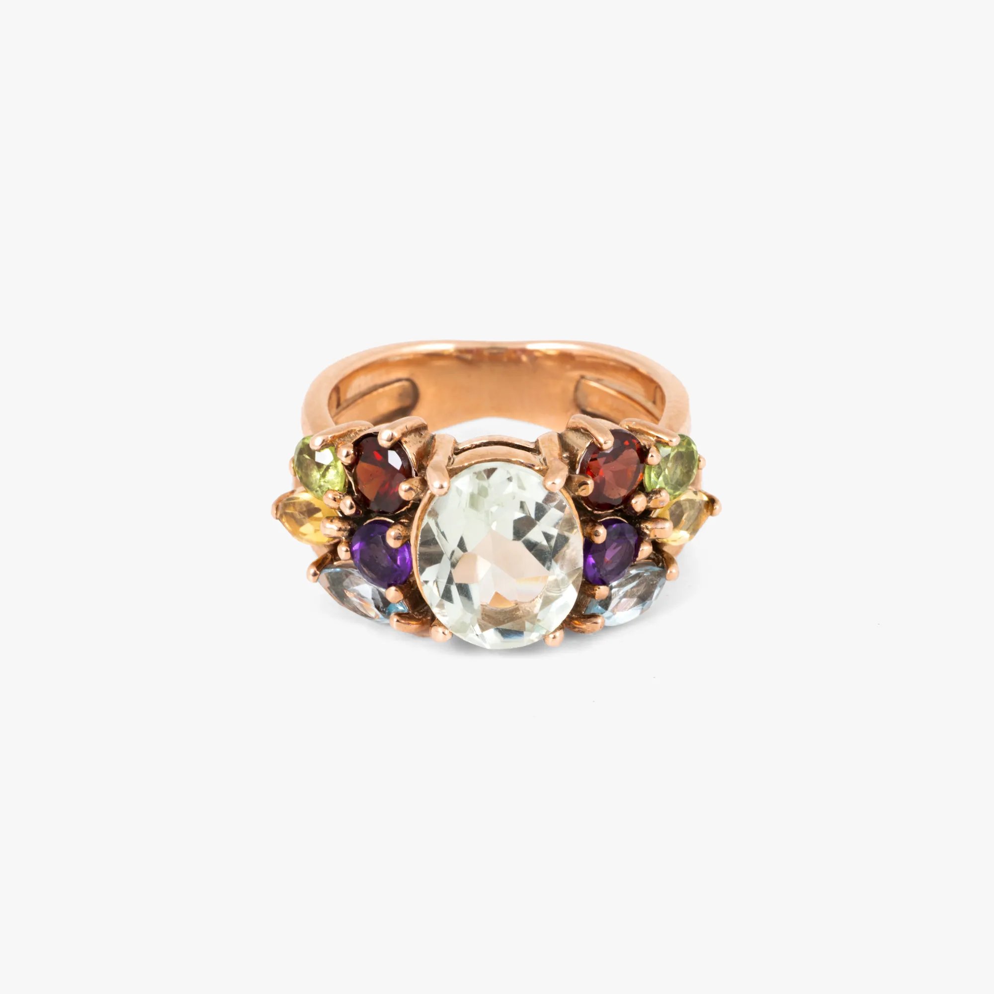 Gold-plated silver ring decorated with amethysts, peridotes, topazes, citrines, and garnets