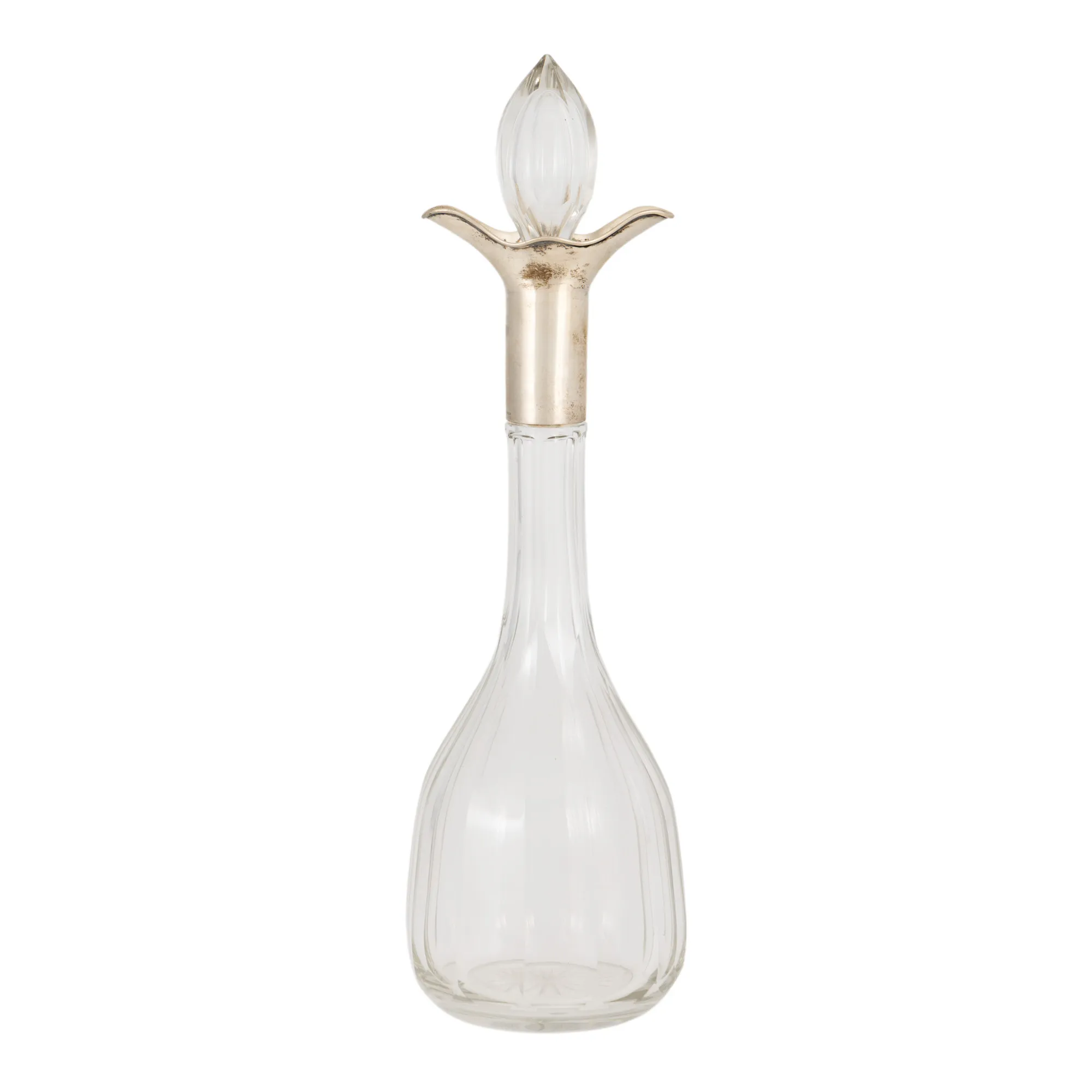 Decantor de vin, din cristal, cu montură din argint