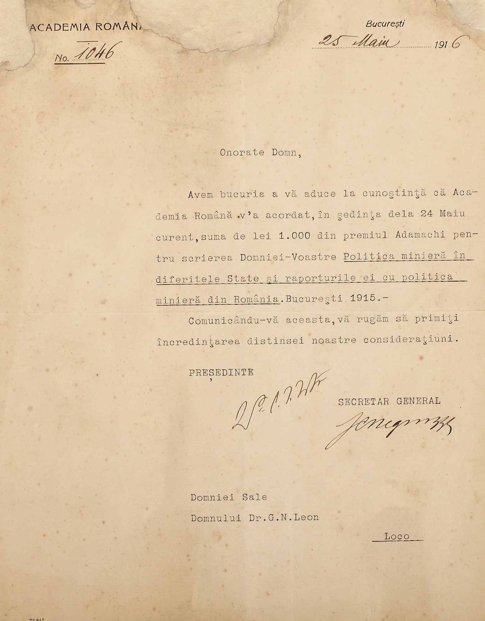 Scrisoare dactilografiată, a Academiei Române, purtând semnăturile olografe ale dr. Constantin Istrati, președintele Academiei Române în 1916 și a lui Iacob Negruzzi, secretar general al Academiei