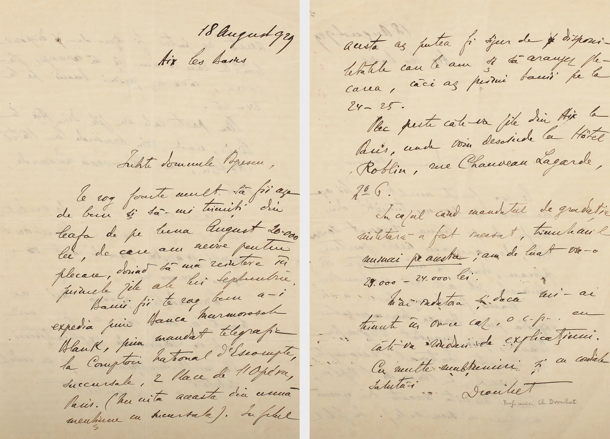 Scrisoare a istoricului literar român Charles Drouhet, purtând semnătura olografă