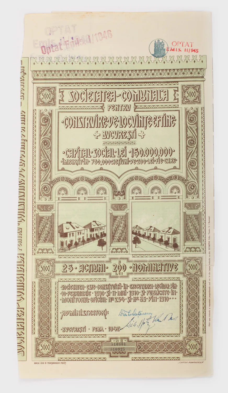 Certificat nominativ de 25 de acțiuni în valoare de câte 200 de lei fiecare, emis de Societatea Comunală pentru construirea de locuințe ieftine, 1910