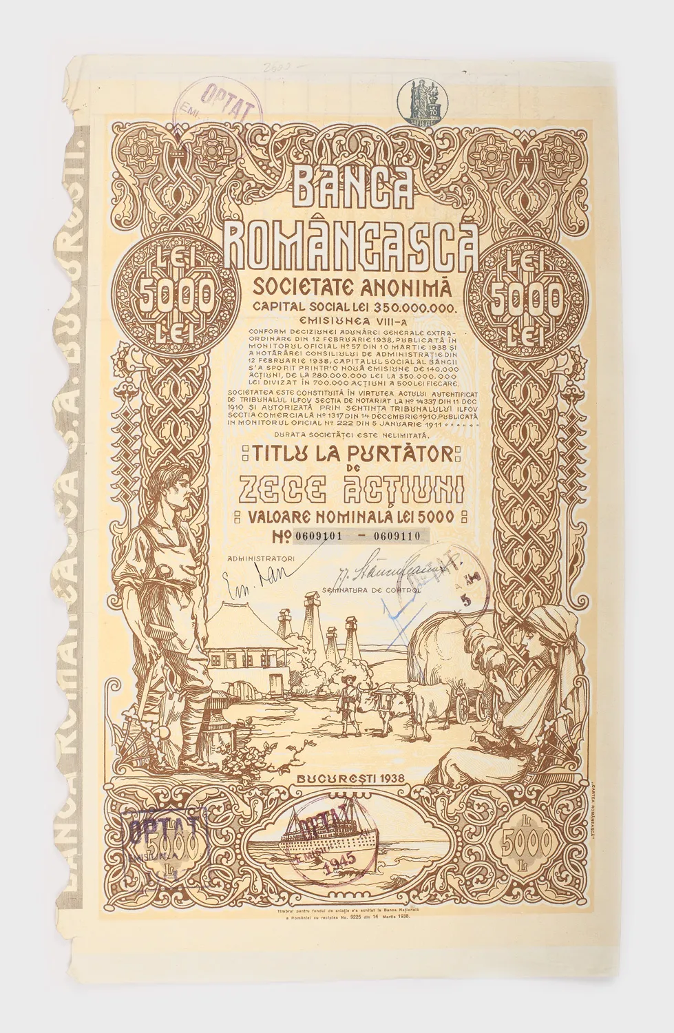 Titlu purtător de 10 acțiuni, cu valoare nominativă de 500 de lei fiecare, emis de Banca Românească, 1938