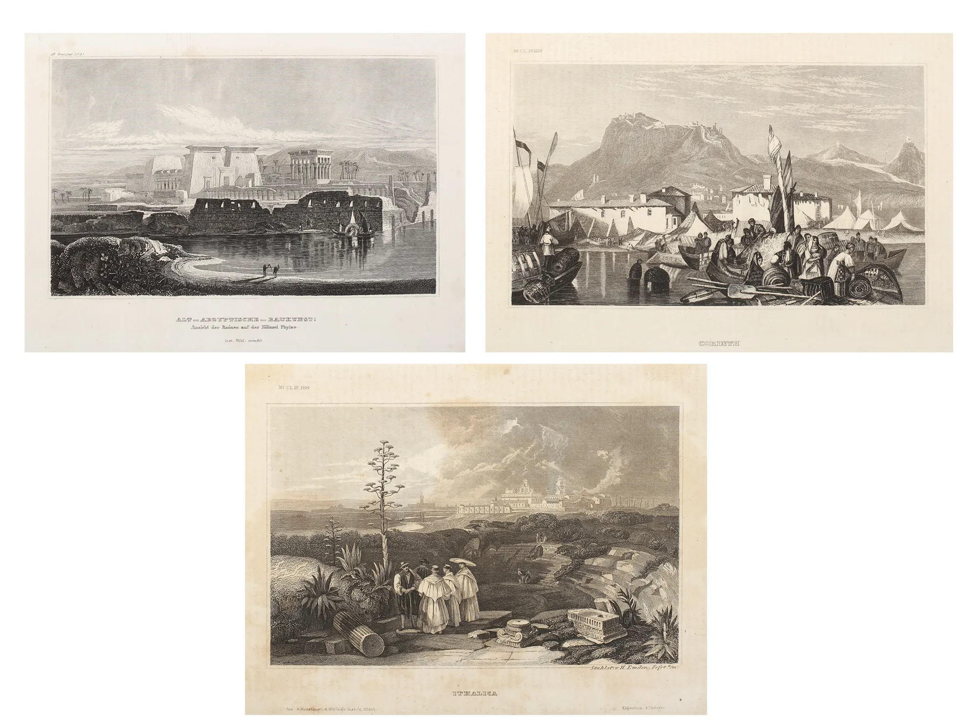 Lot format din 3 litografii, scene din Corint, Italia și Egipt, prezentate în Meyer's Lexicon, 1885