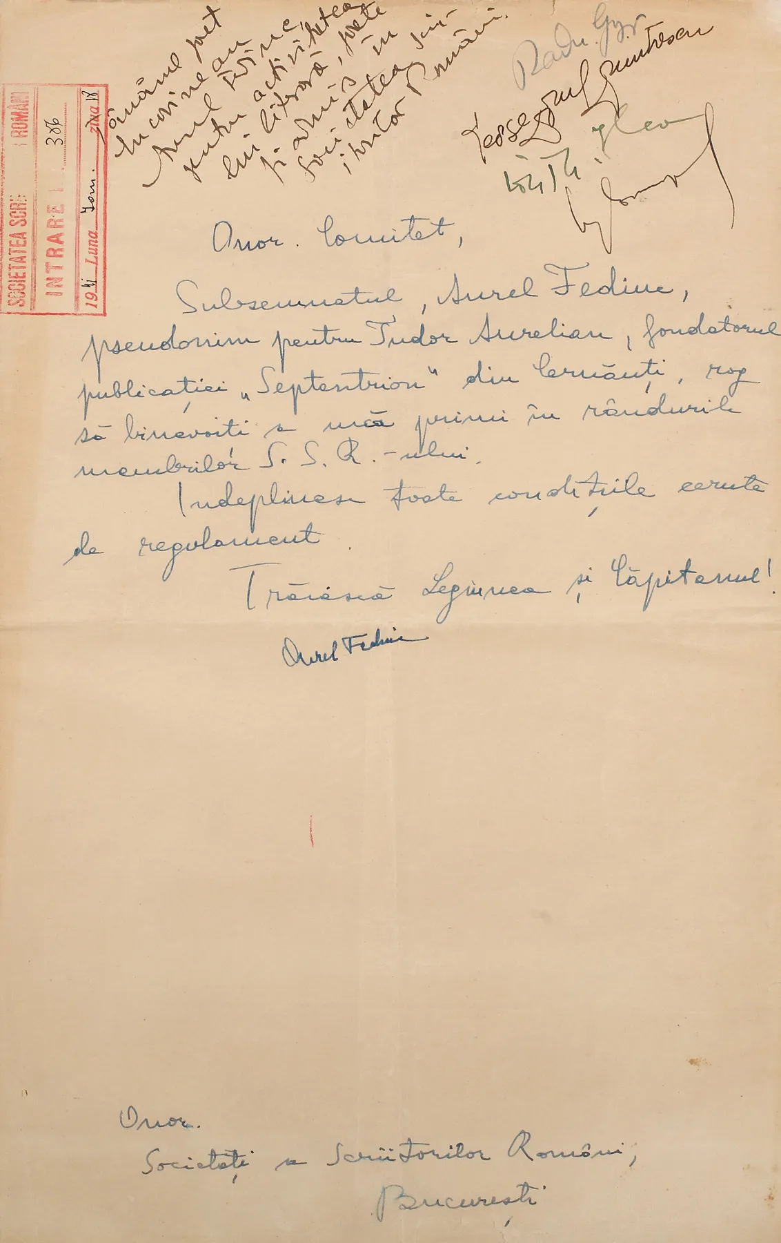 Cererea de adeziune la Societatea Scriitorilor Români a lui Aurel Fediuc, pseudonim al lui Tudor Aurelian, fondatorul publicației Septentrion din Cernăuți, purtând semnătura olografă