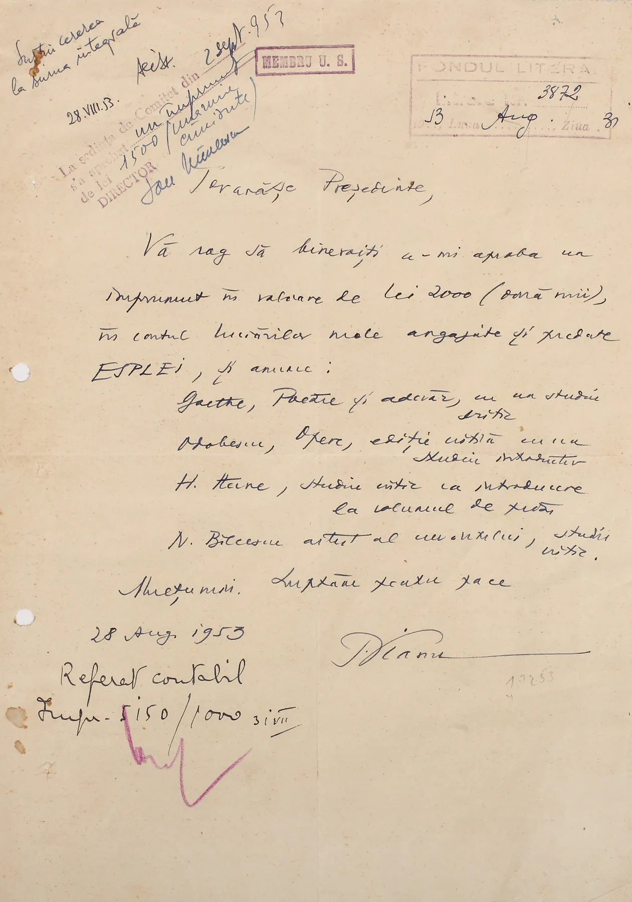 Scrisoare a scriitorului Tudor Vianu către președintele Uniunii Scriitorilor, purtând semnătura olografă