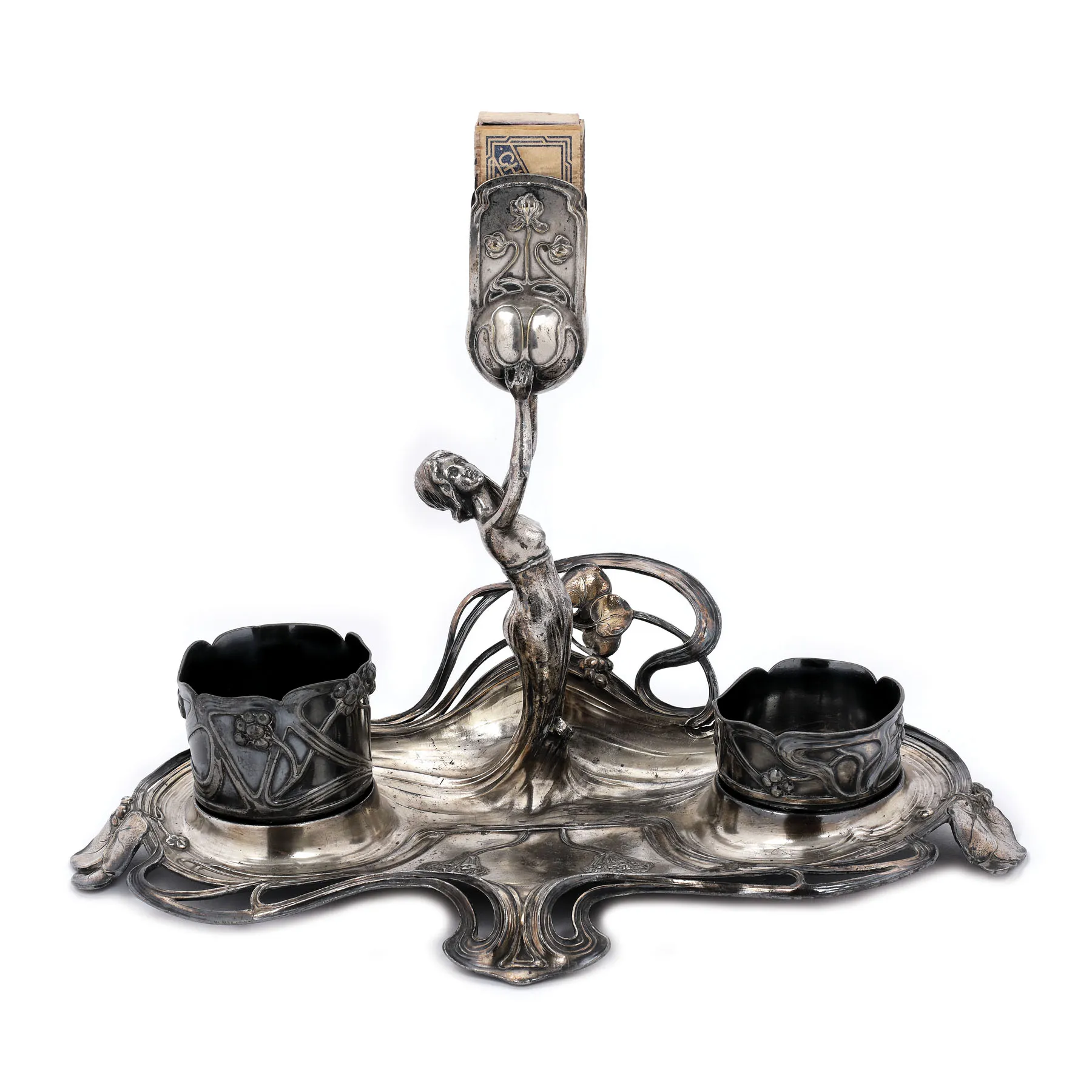 Suport WMF în stil Art Nouveau, pentru pahare și cutie de chibrituri, cca. 1910