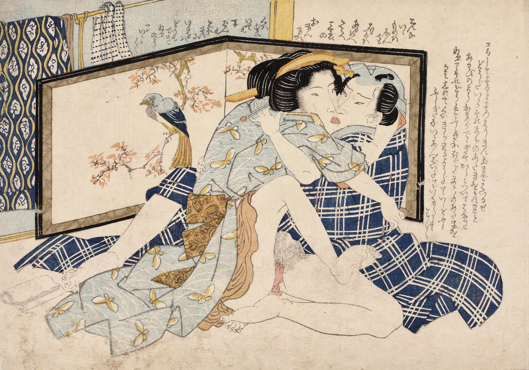 Shunga woodblock depicting a couple in traditional Washitsu room, ca 1830