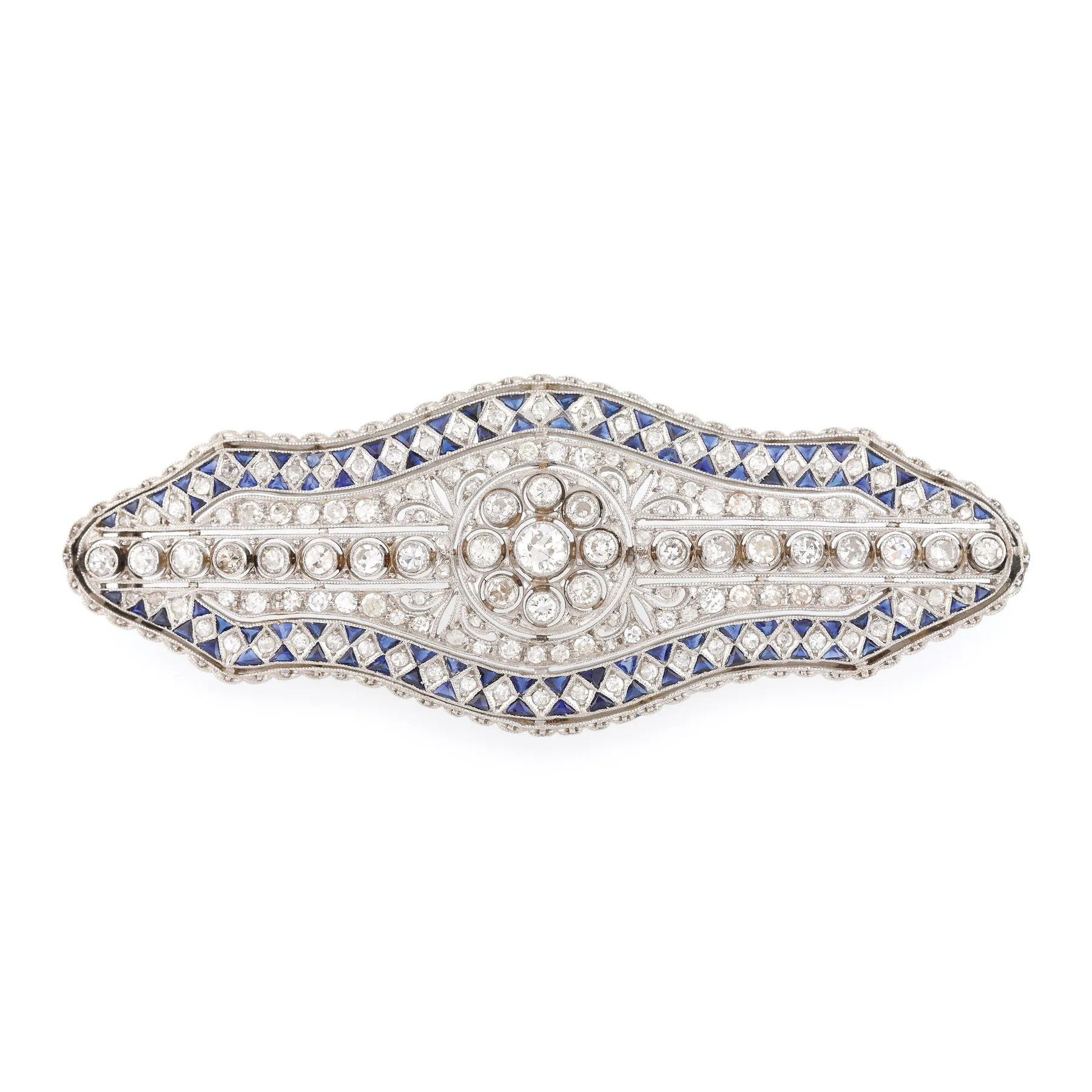 Rafinată broșă din platină, decorată cu diamante și pietre ornamentale, executată manual, cca. 1920