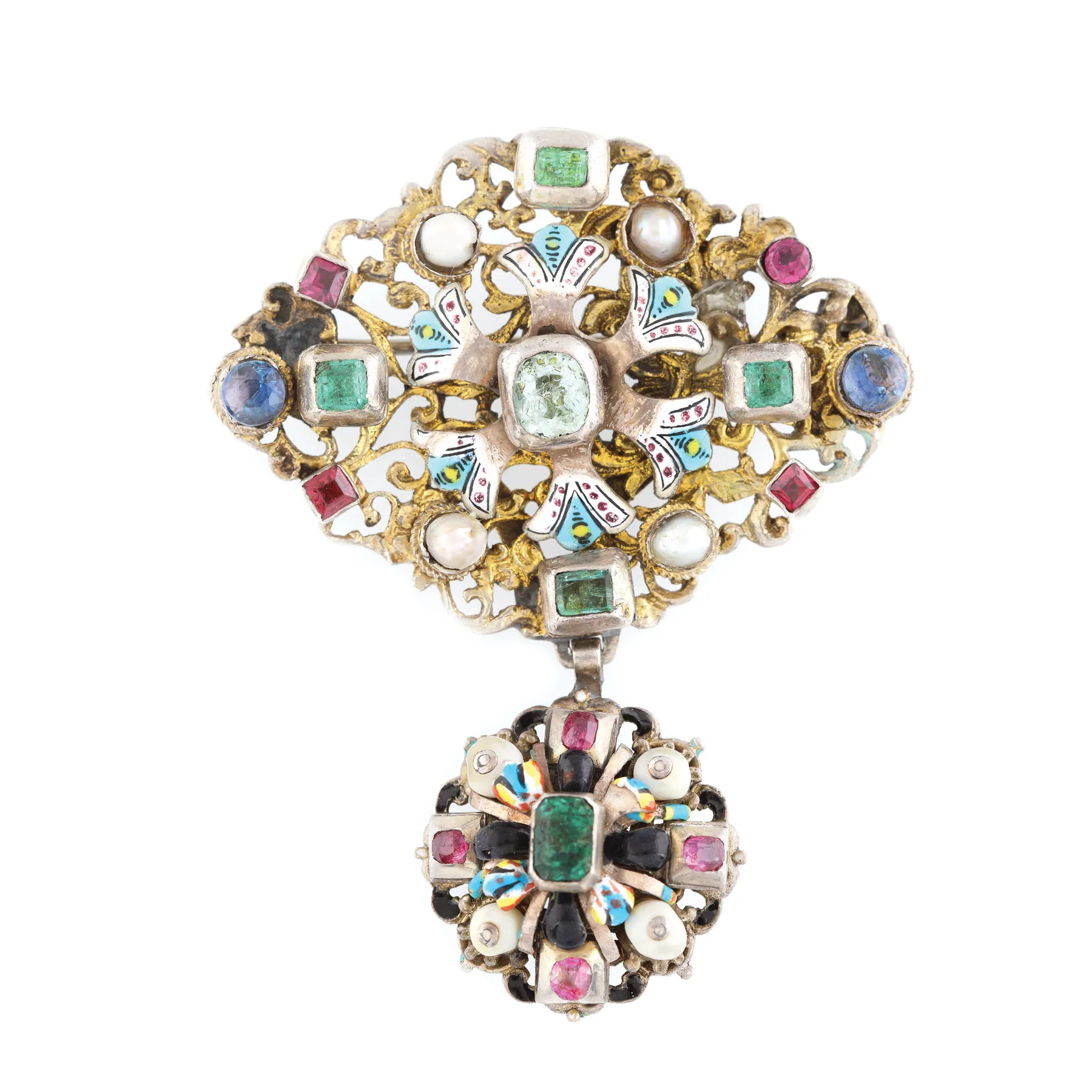 Exceptional Baroque brooch, gilded silver, decorated with enamel, pearls, precious and semi-precious stones, early 18th century, museum piece, collectible