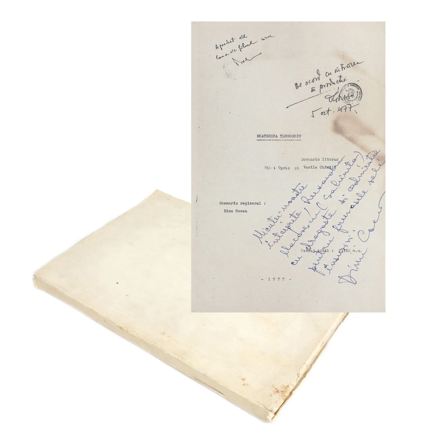 Scenariul filmului ”Ecaterina Teodoroiu” cu autograful lui Dinu Cocea, 1977, provine din colecţia fostului ministru de externe George Macovescu