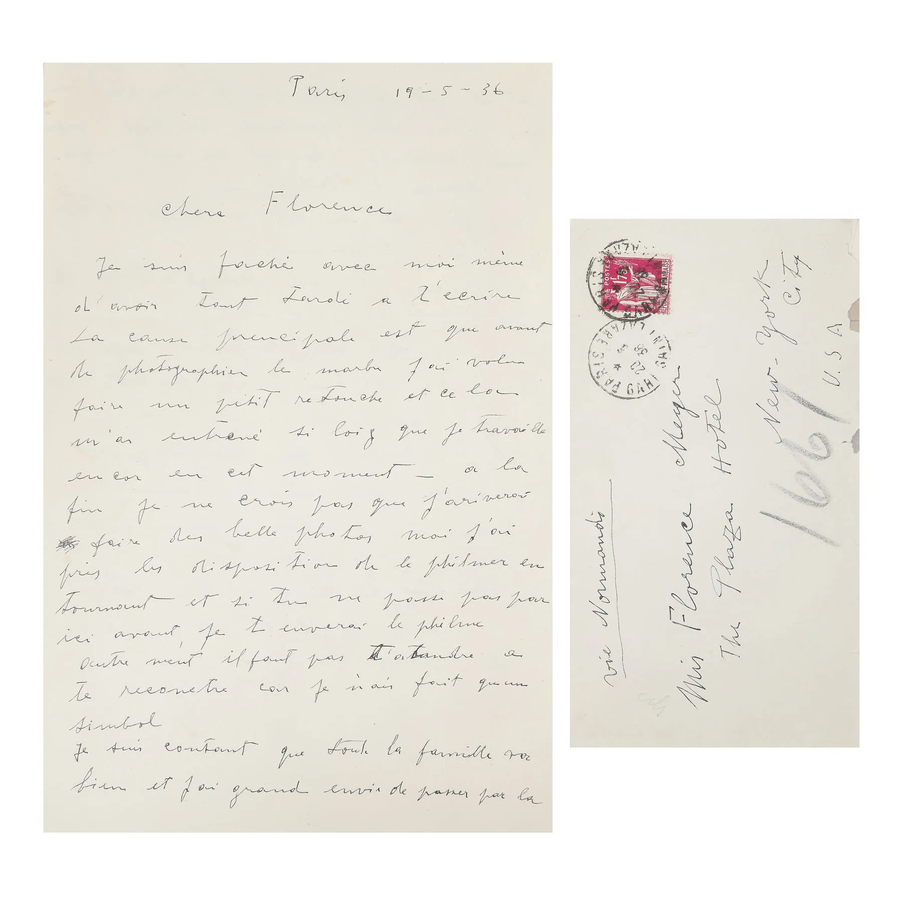Scrisoare de dragoste ”Tu ești singura rază de lumină acolo” (Tu es la seul rayon de lumière la dedans) trimisă de Constantin Brâncuși către Florence Meyer (Homolka), Paris, 20 mai 1936, cu semnătura olografă și plicul original
