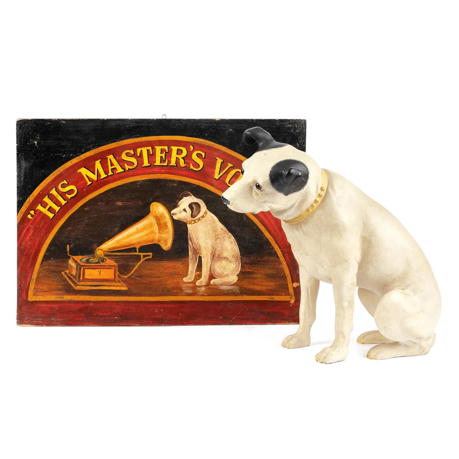 Lot consisting of an advertisement for the "His Master's Voice" gramophone and the model of the dog from the advertisement, "Nipper," from the interwar period