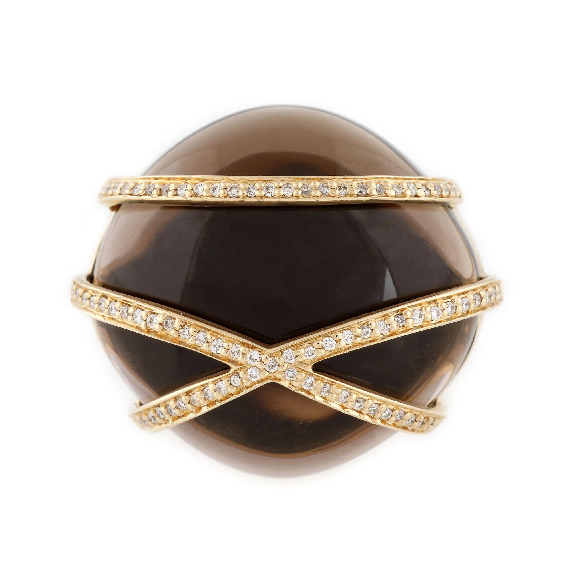 Gold ring decorated with smoky quartz and diamonds