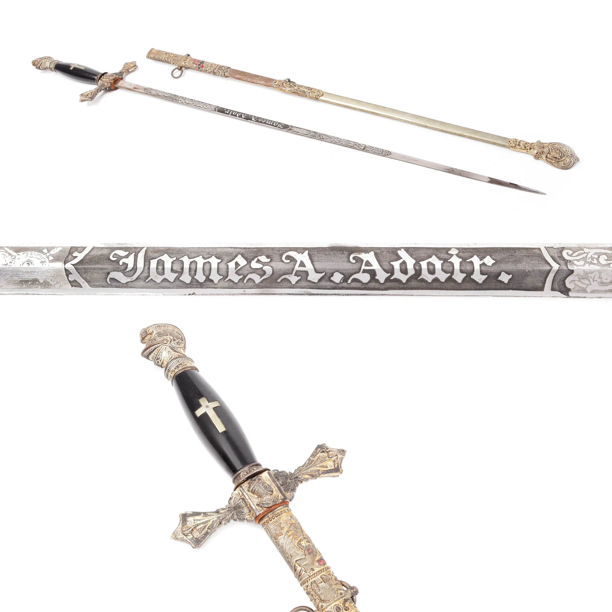 Sabie masonică pentru ceremonie a ordinului "Knights Templar", cu teacă, oferită lui James A. Adair, începutul sec. XX