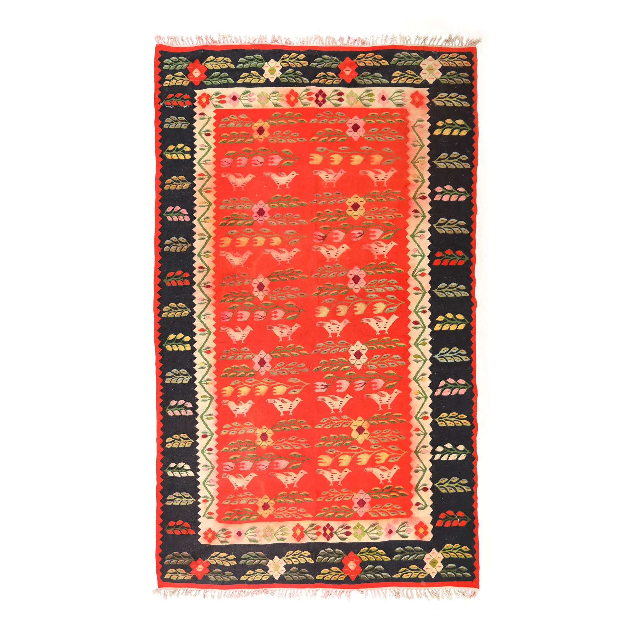 Oltenian wool carpet, decorated with roosters and tulips, early 20th century, rare piece