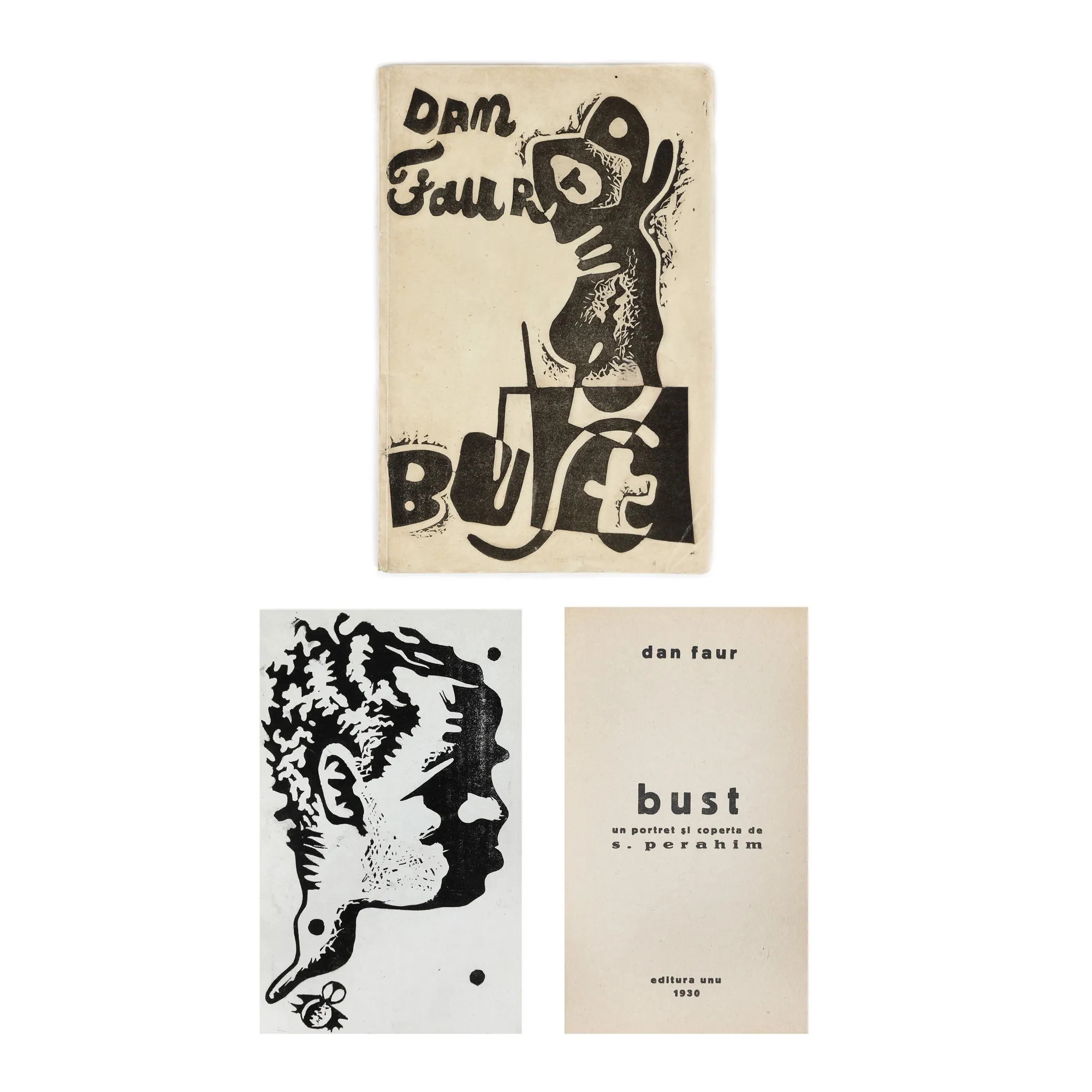 ”Bust”, de Dan Faur, București, 1930, cu un portret și coperta de Jules (S.) Perahim, piesă rară, de colecție