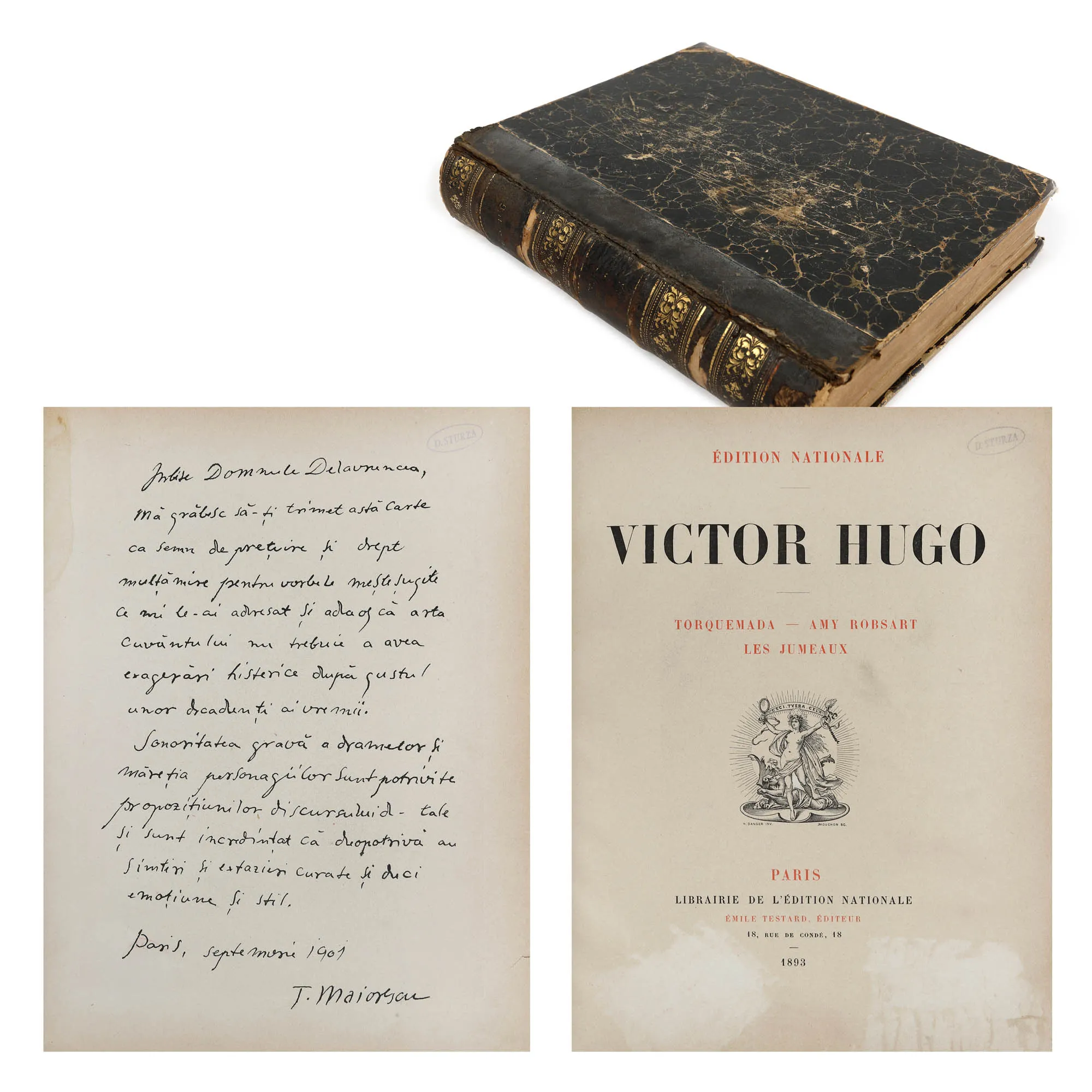 "Drama," by Victor Hugo, Paris, 1893, with the dedication from Titu Maiorescu to Barbu Ștefănescu Delavrancea and ex-libris Dimitrie Sturdza