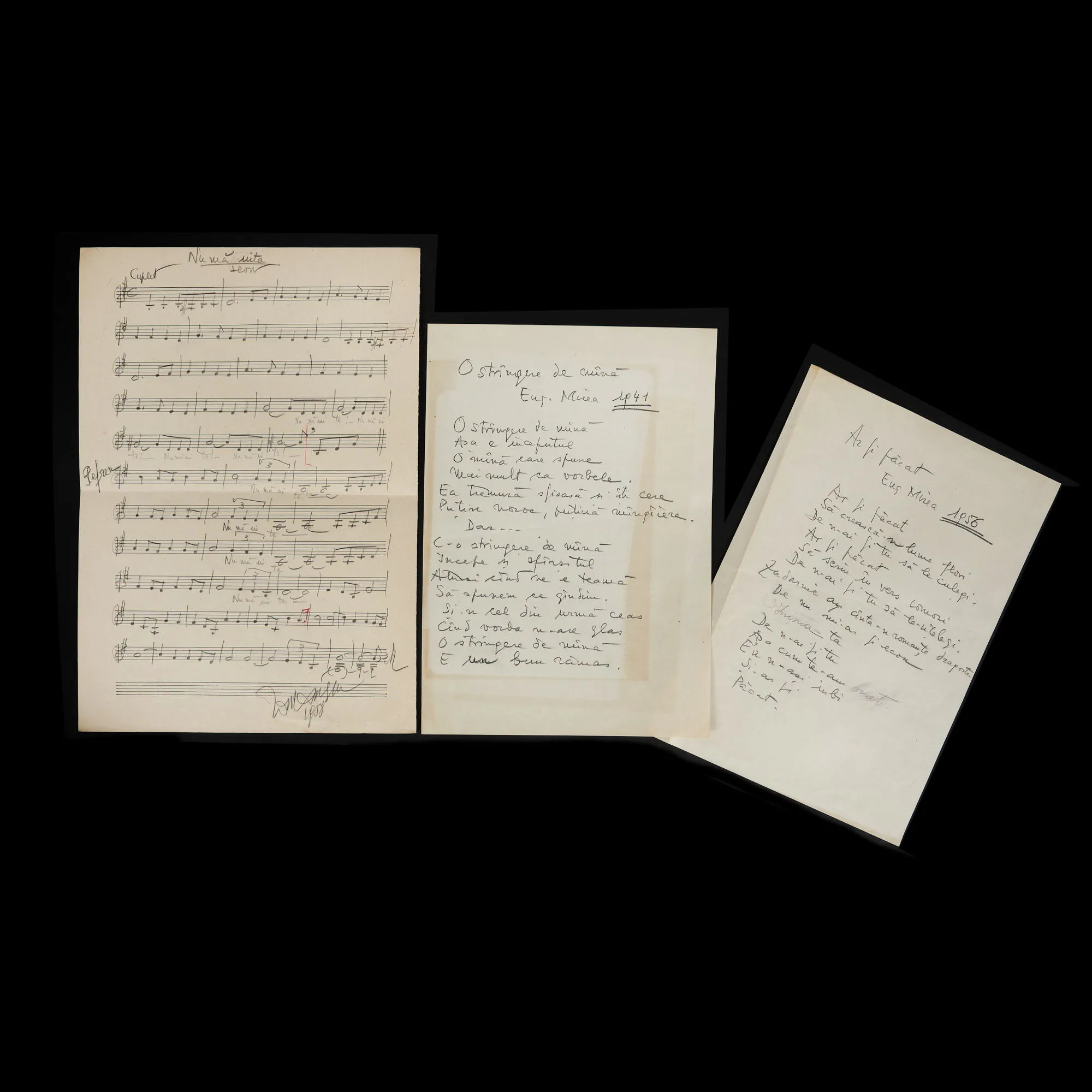 A lot consisting of a handwritten score "Nu mă uita" and two autograph transcriptions "O strângere de mână" and "Ar fi păcat" by composer Ion Vasilescu, 1941-1958 (three pages)
