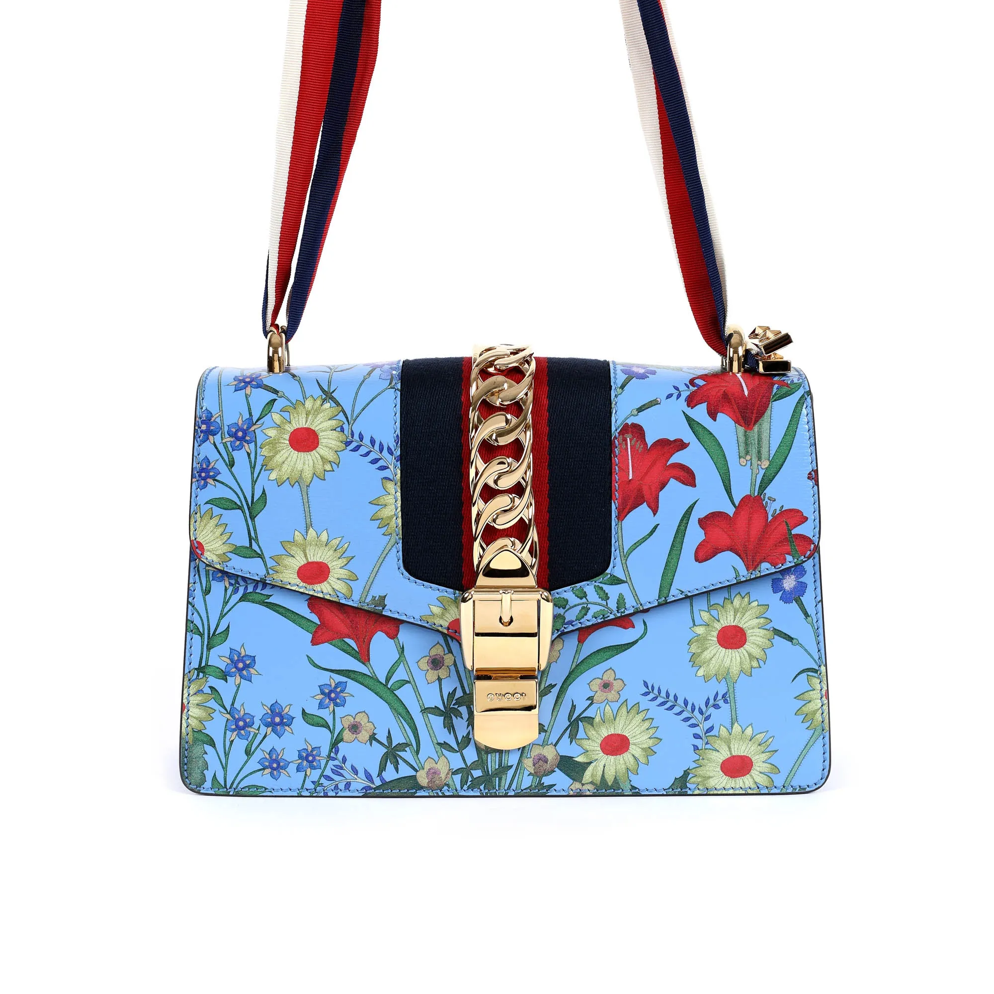 ”Sylvie Flora” - geantă Gucci, din piele, de culoare bleu, decorată cu motive vegetale și aplicație metalică