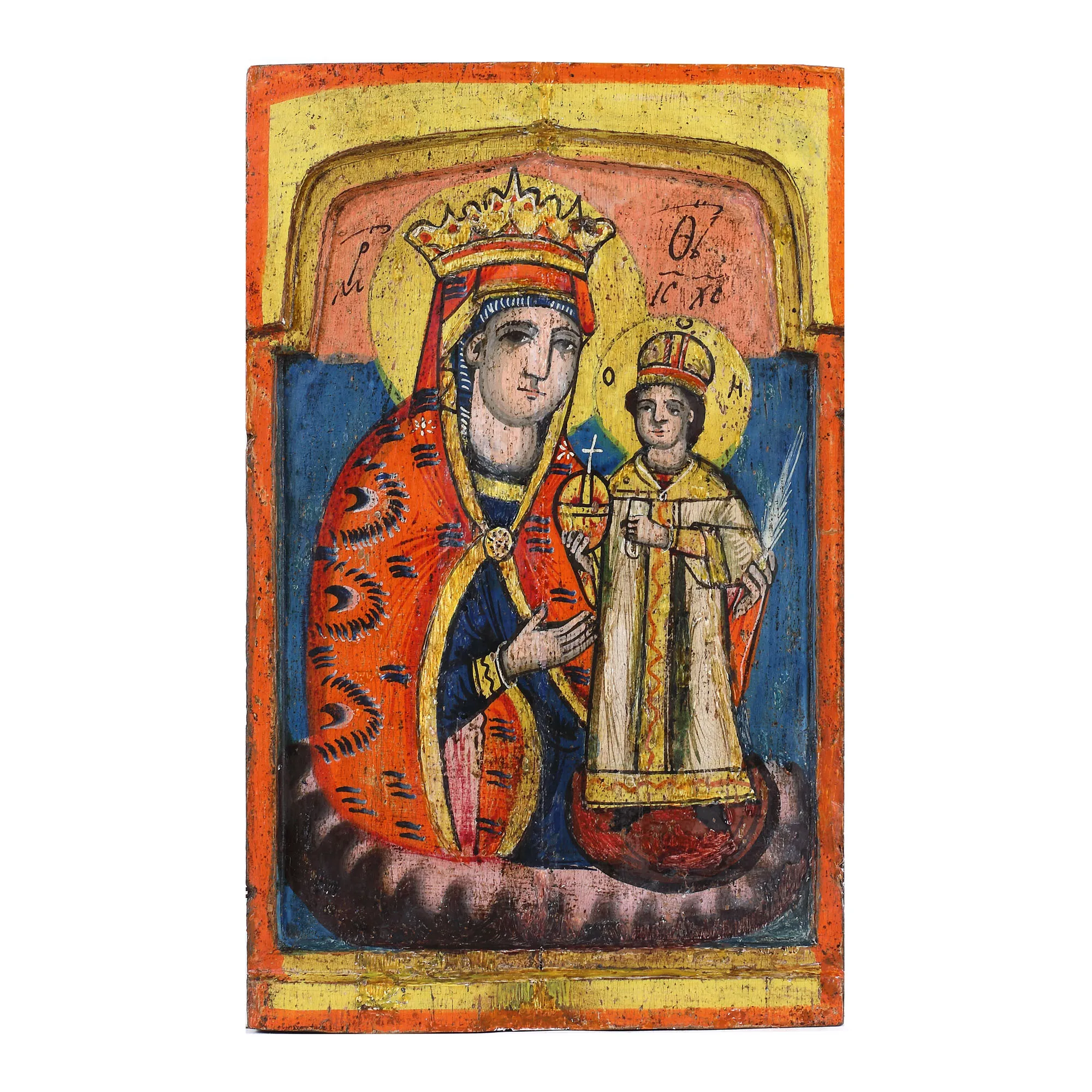 Icoană pe lemn, ”Maica Domnului cu Pruncul (Kazanskaia), școală sud-dunăreană, începutul sec. XIX, provine din colecția pictorului Honoriu Crețulescu
